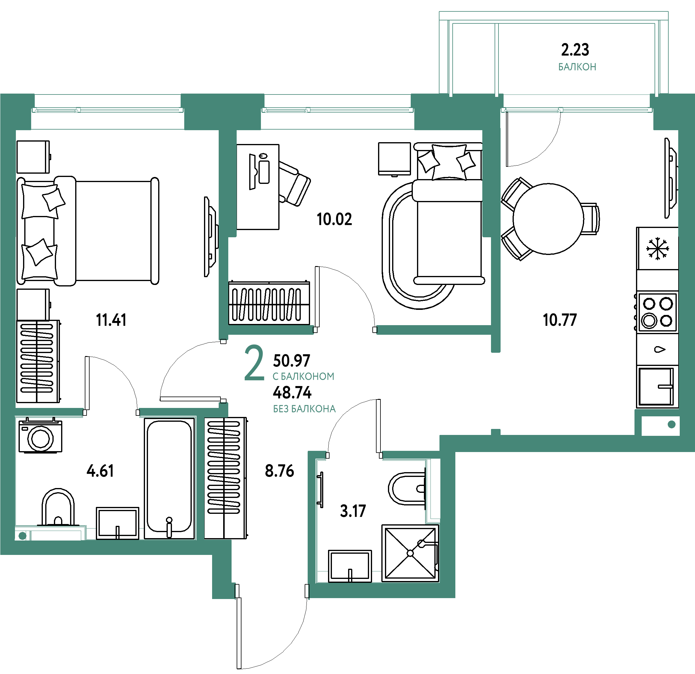 ЖК "Остров-сад"-2-комнатная 50.97 м²