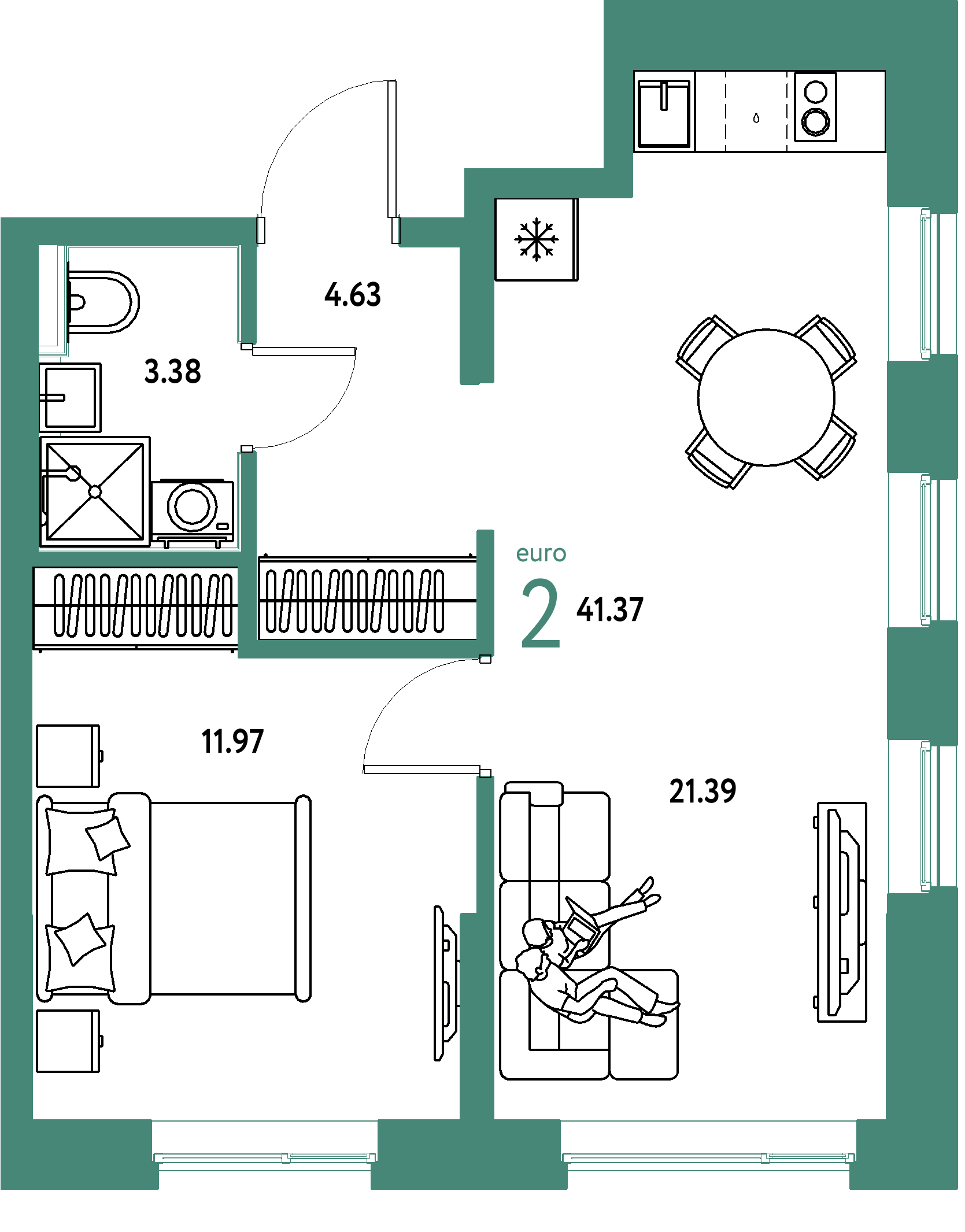 Планировка: Евродвушка 41.4 м² в ЖК Остров-сад, ДОК