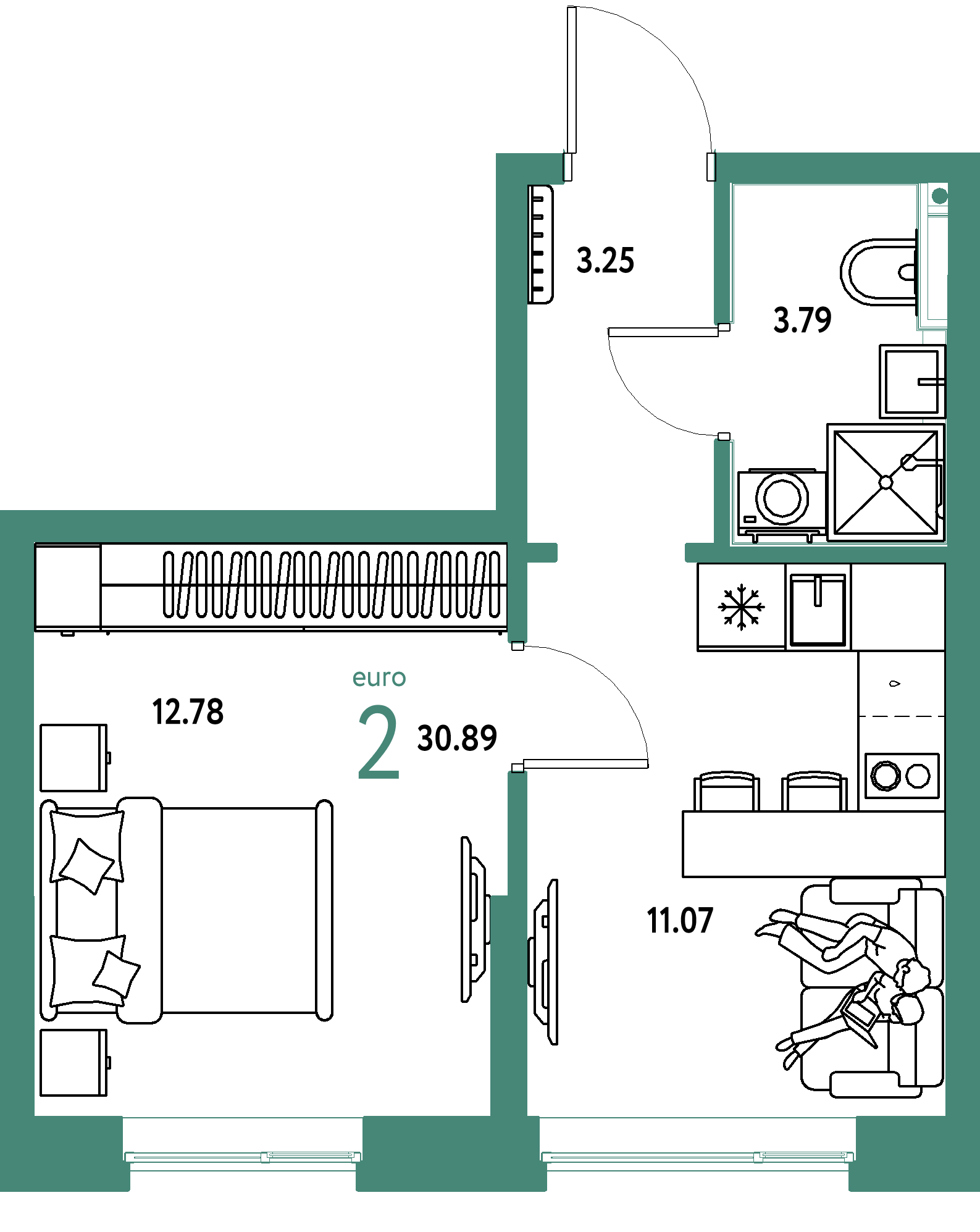 Планировка: 1-комнатная 30.9 м² в ЖК Остров-сад, ДОК