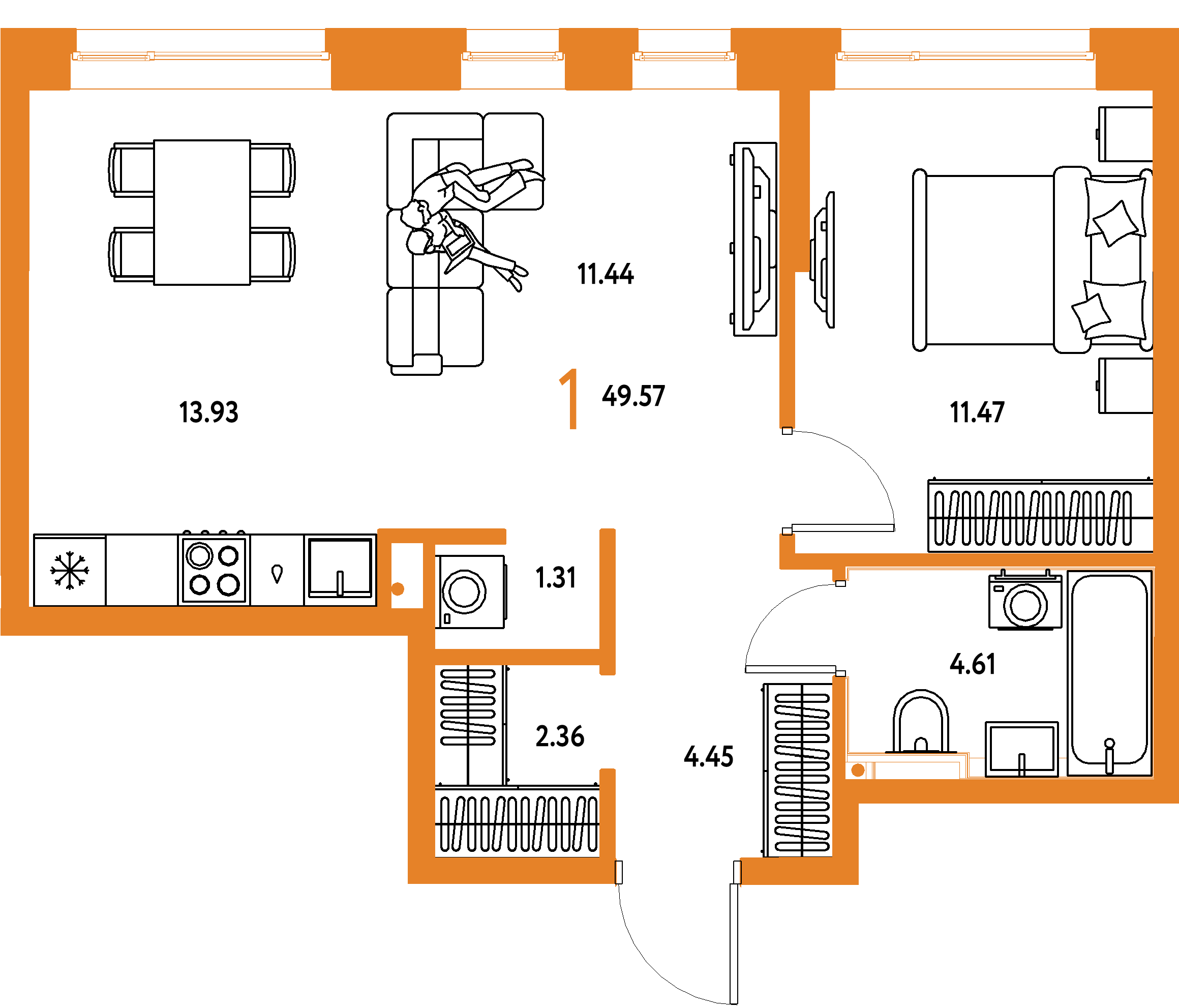 ЖК "Остров-сад"-1-комнатная 49.57 м²