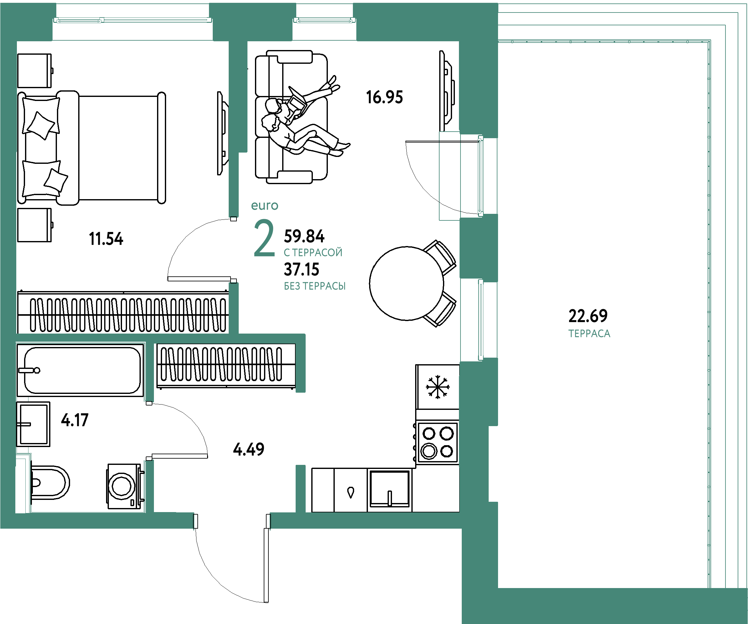 Планировка: 2-комнатная 59.8 м² в ЖК Остров-сад, ДОК