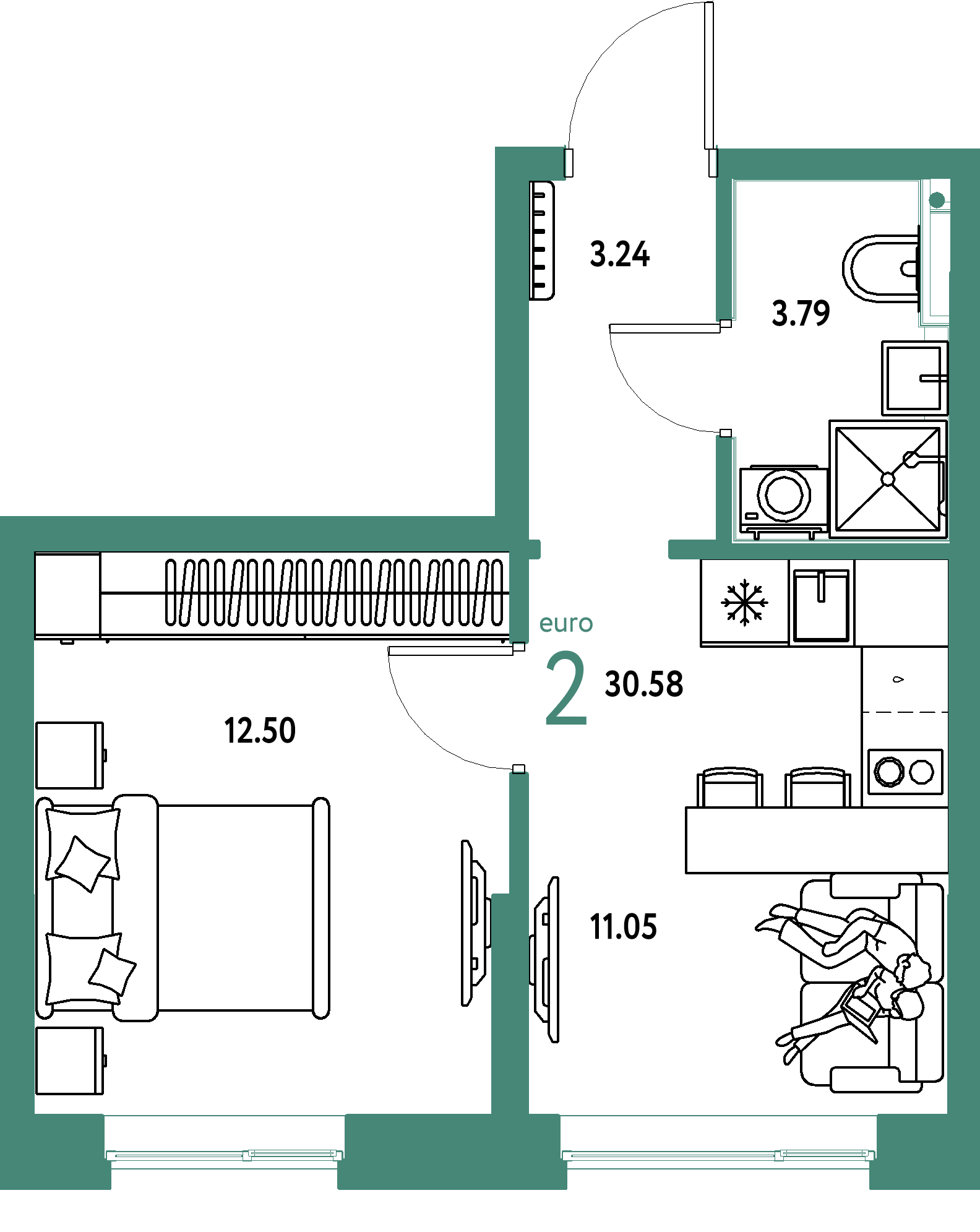 Планировка: 1-комнатная 30.6 м² в ЖК Остров-сад, ДОК