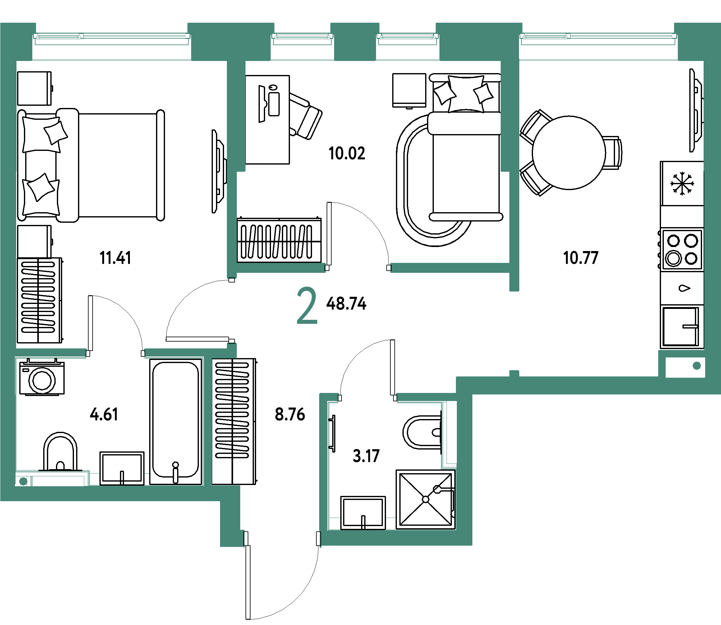 ЖК "Остров-сад"-2-комнатная 48.74 м²