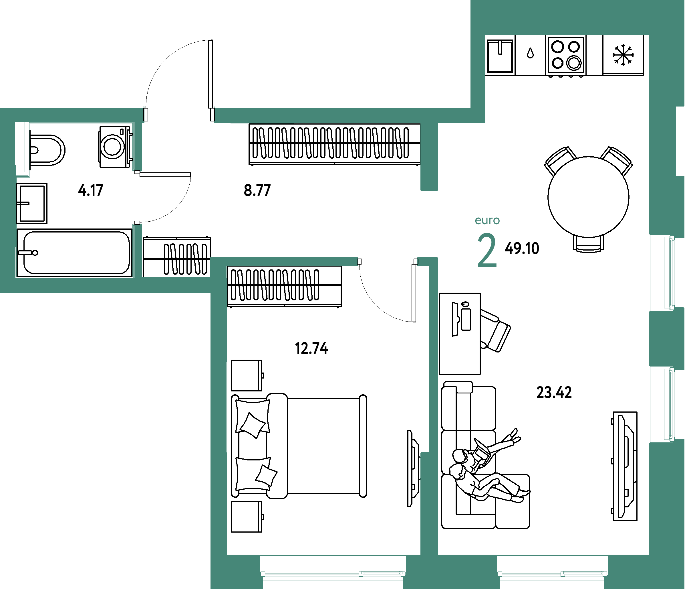 ЖК "Остров-сад"-2-комнатная 49.1 м²