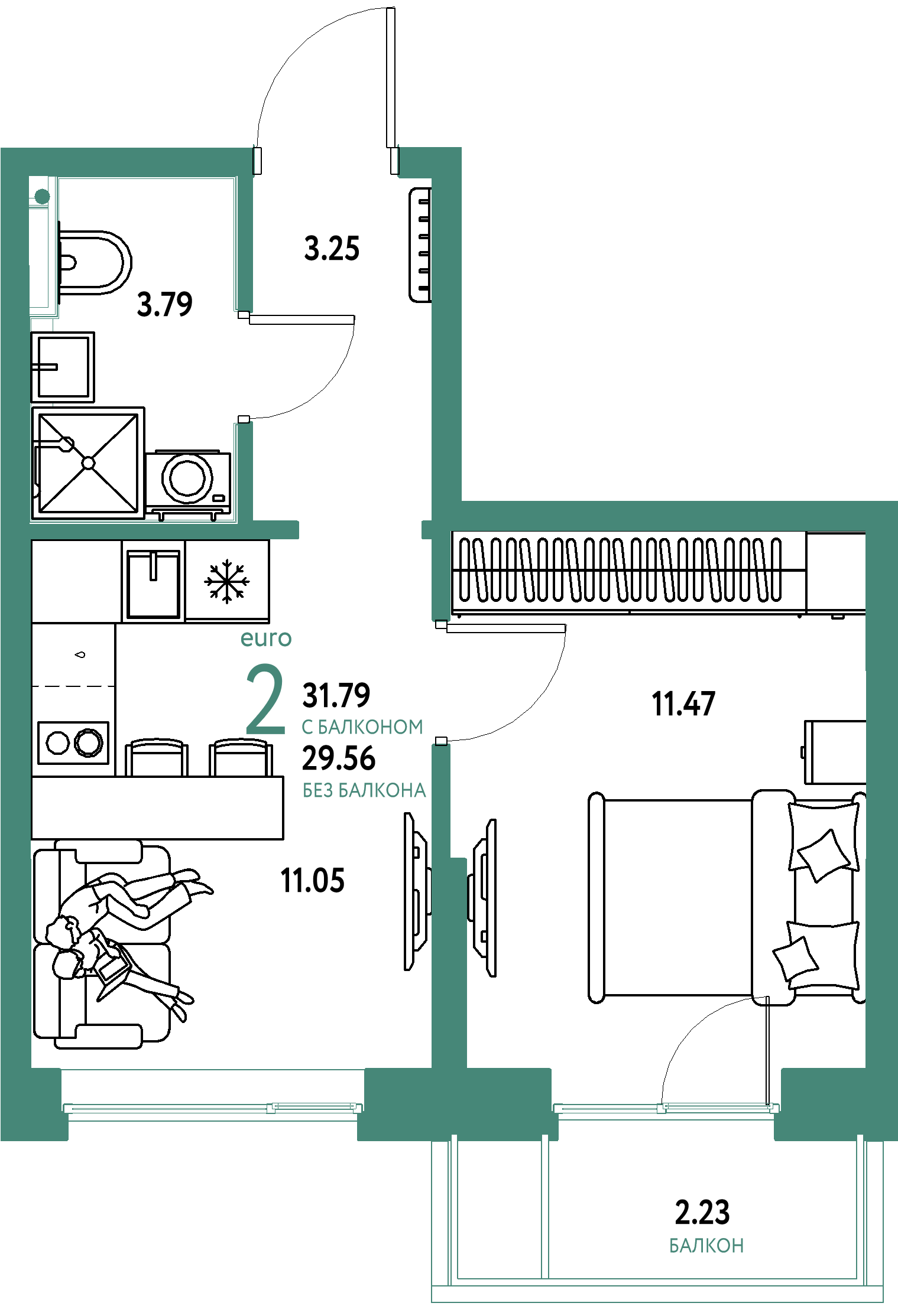 ЖК "Остров-сад"-2-комнатная 31.79 м²