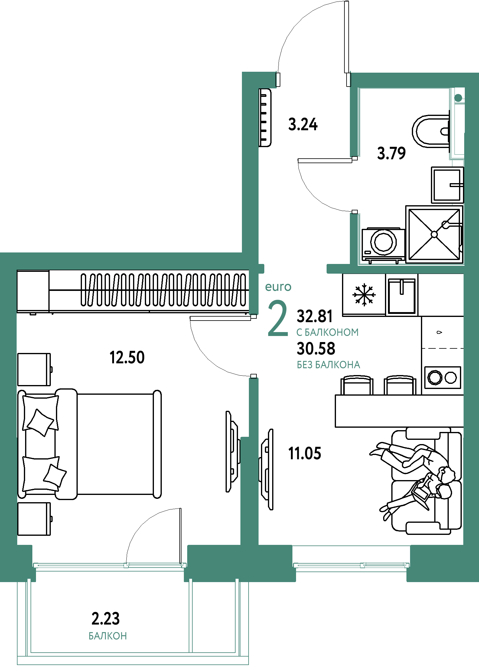 Планировка: 1-комнатная 32.8 м² в ЖК Остров-сад, ДОК