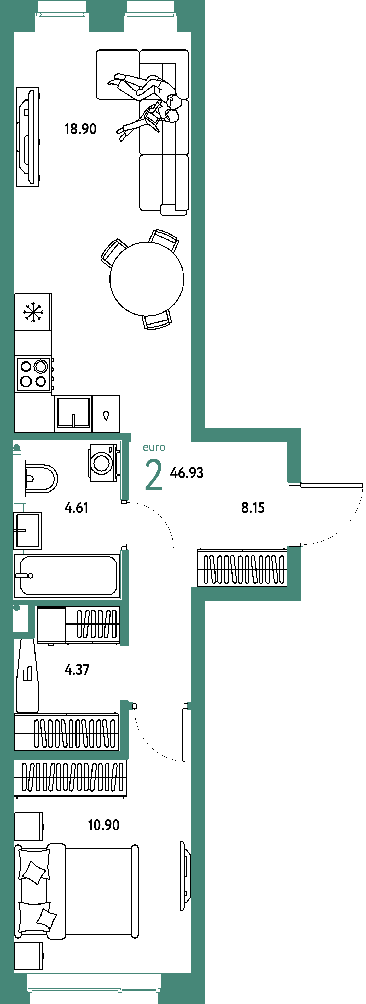 ЖК "Остров-сад"-2-комнатная 46.93 м²