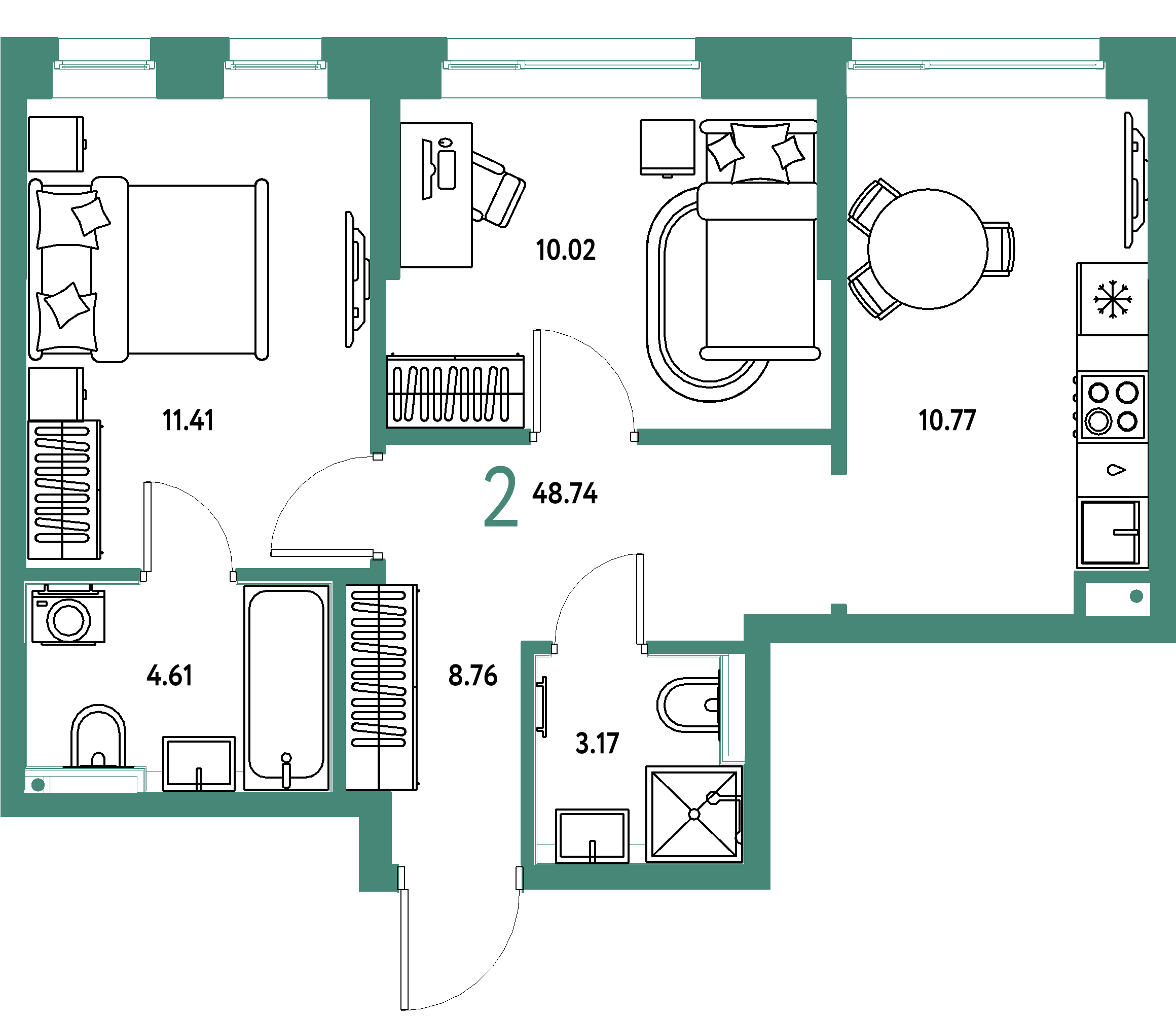 ЖК "Остров-сад"-2-комнатная 48.74 м²