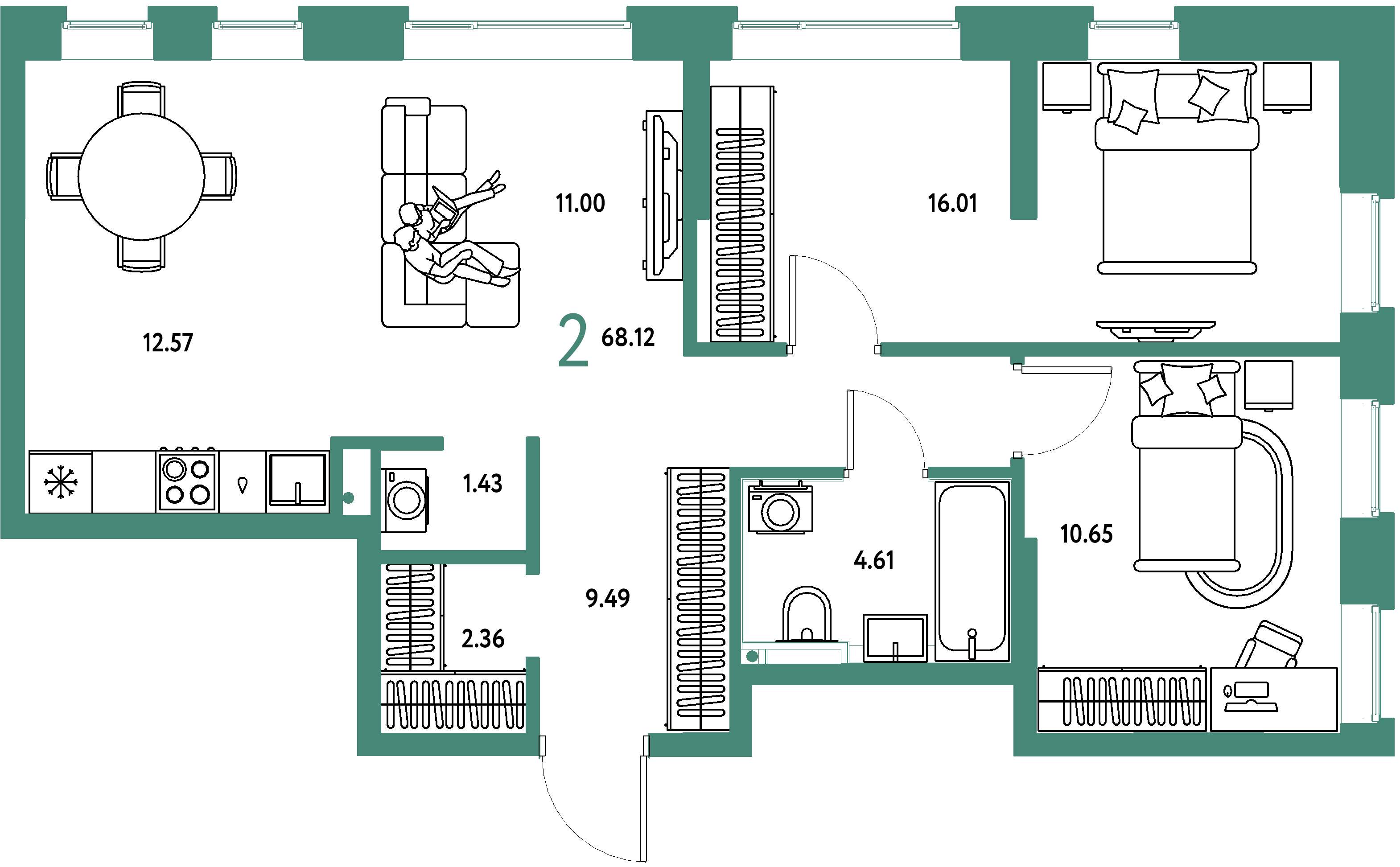 ЖК "Остров-сад"-2-комнатная 68.12 м²