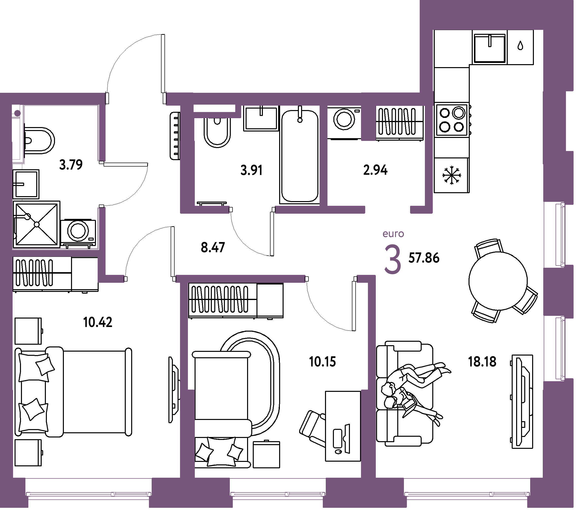 Планировка: 3-комнатная 57.9 м² в ЖК Остров-сад, ДОК