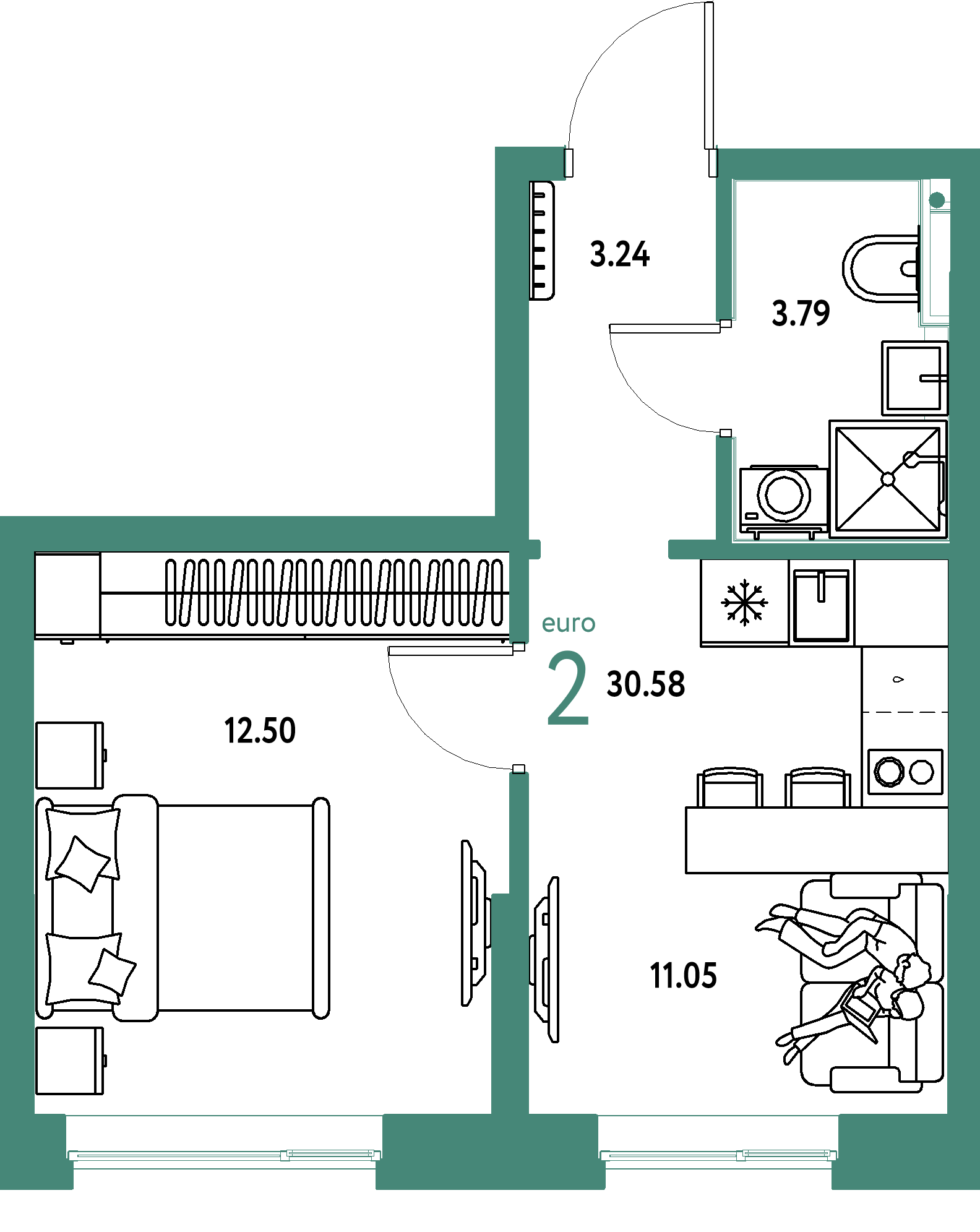 Планировка: 1-комнатная 30.6 м² в ЖК Остров-сад, ДОК