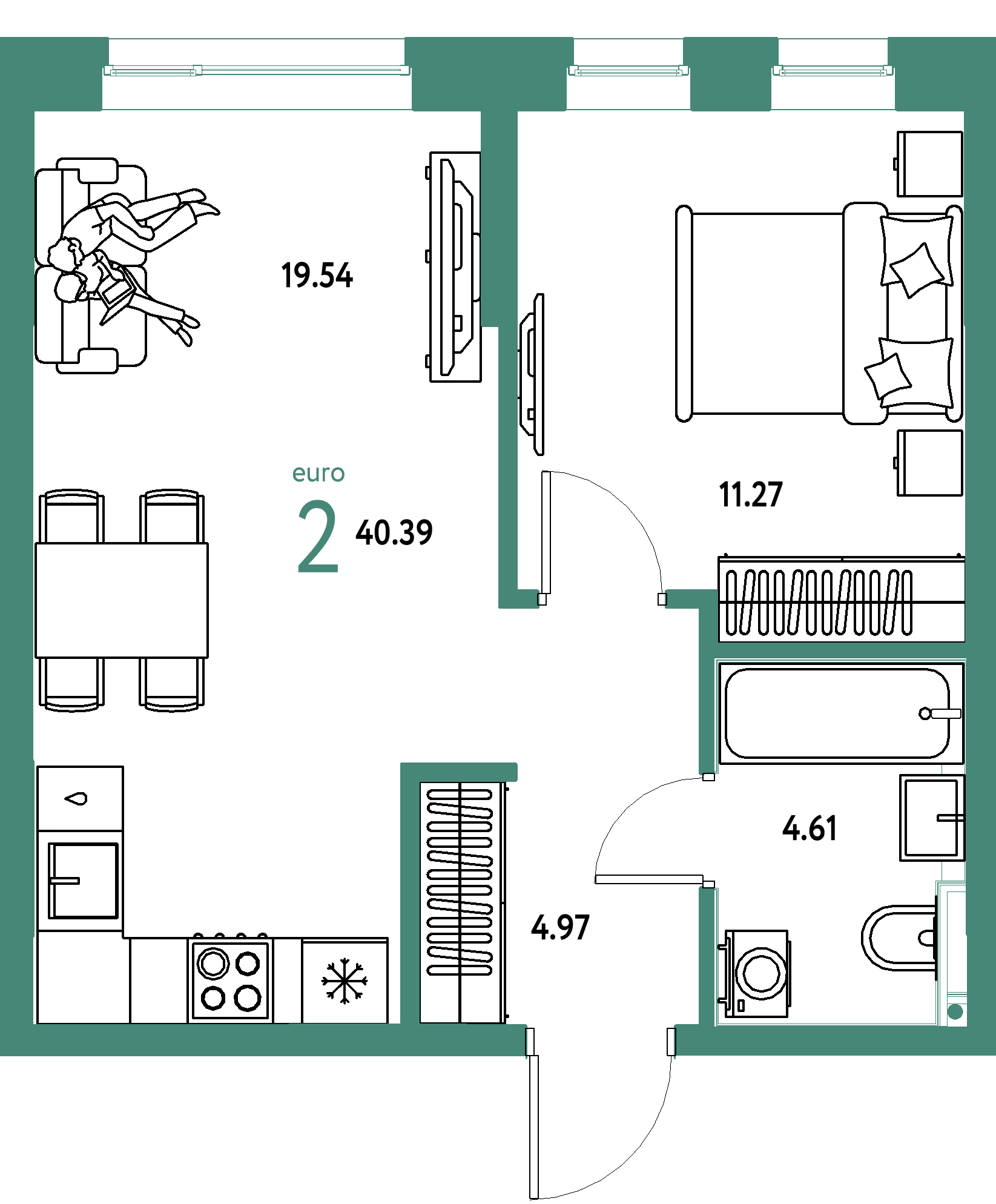 ЖК "Остров-сад"-2-комнатная 40.39 м²