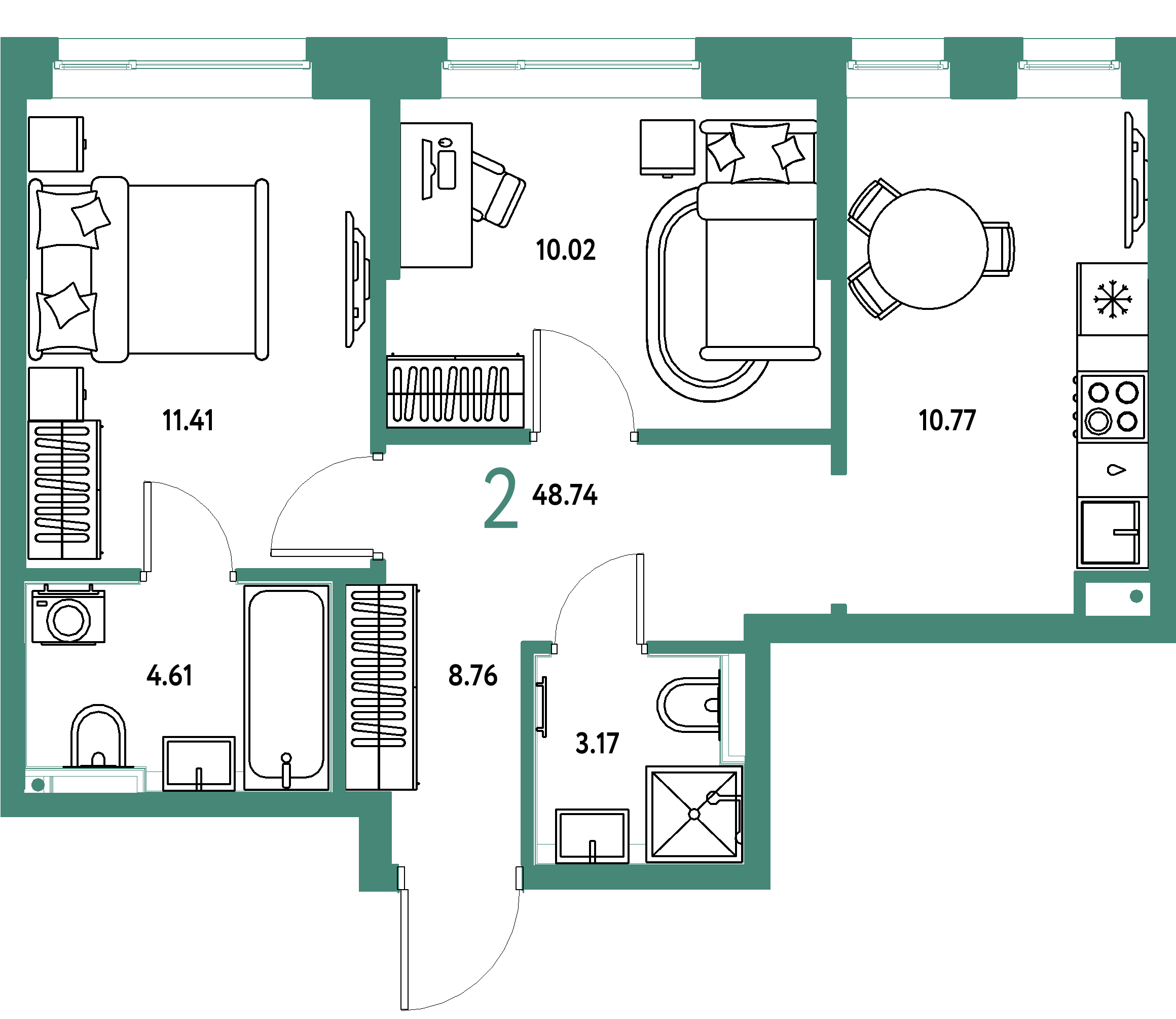 ЖК "Остров-сад"-2-комнатная 48.74 м²