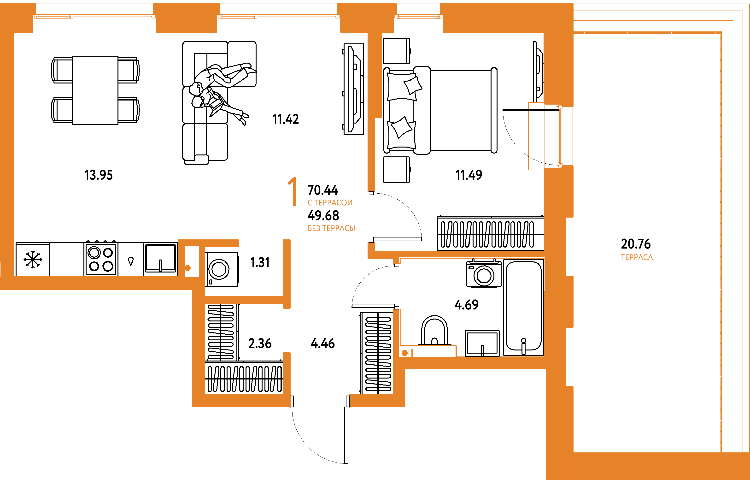 Планировка: 1-комнатная 70.4 м² в ЖК Остров-сад, ДОК