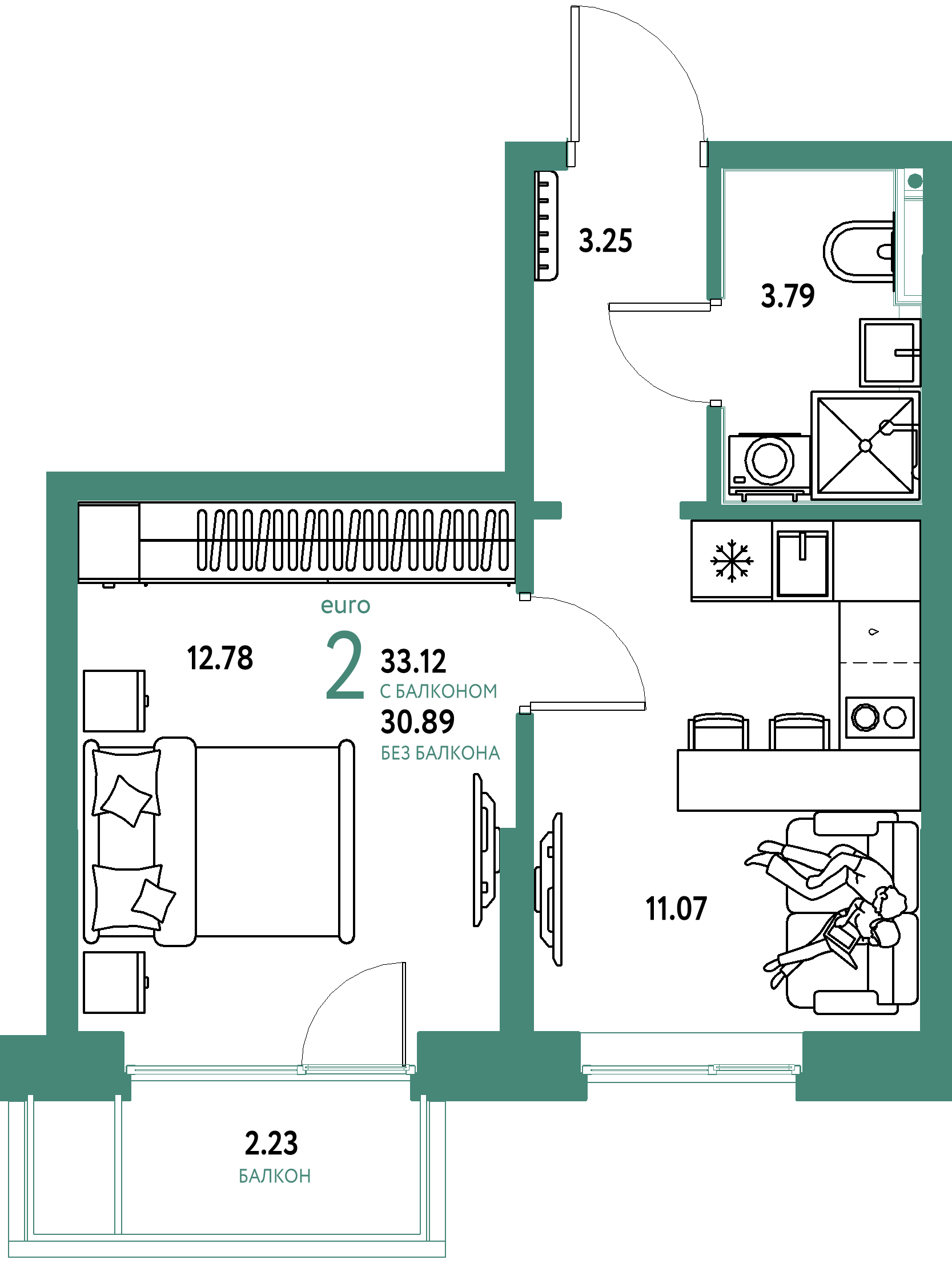 ЖК "Остров-сад"-2-комнатная 33.12 м²