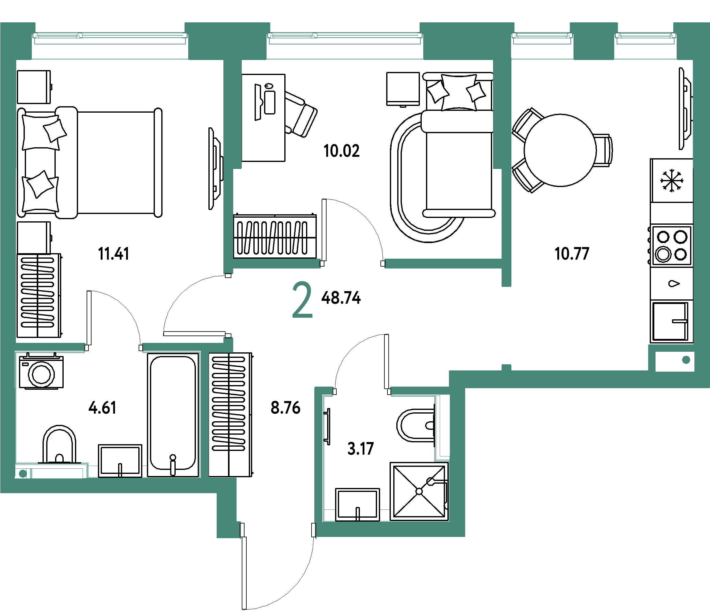 ЖК "Остров-сад"-2-комнатная 48.74 м²