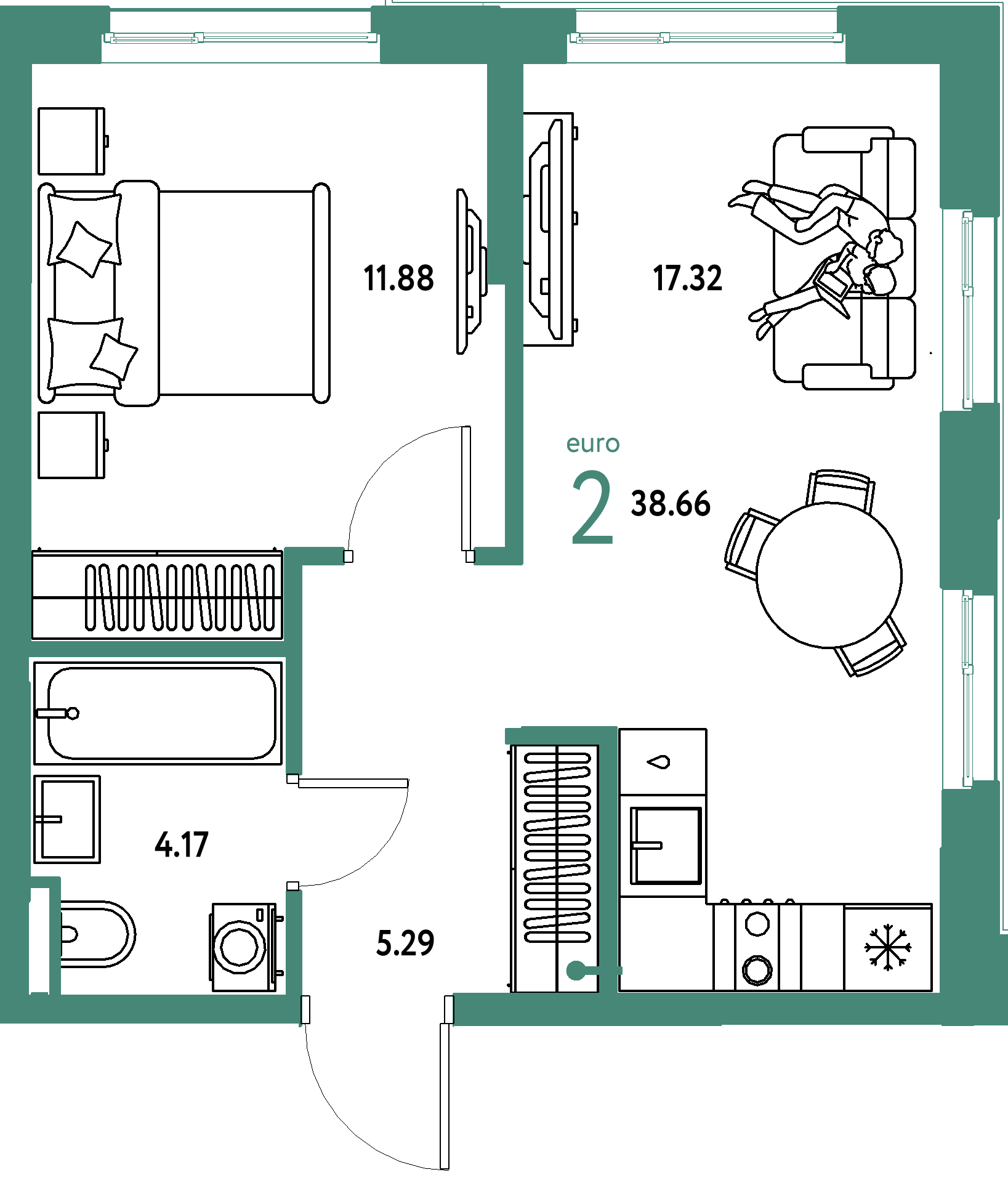ЖК "Остров-сад"-2-комнатная 38.66 м²