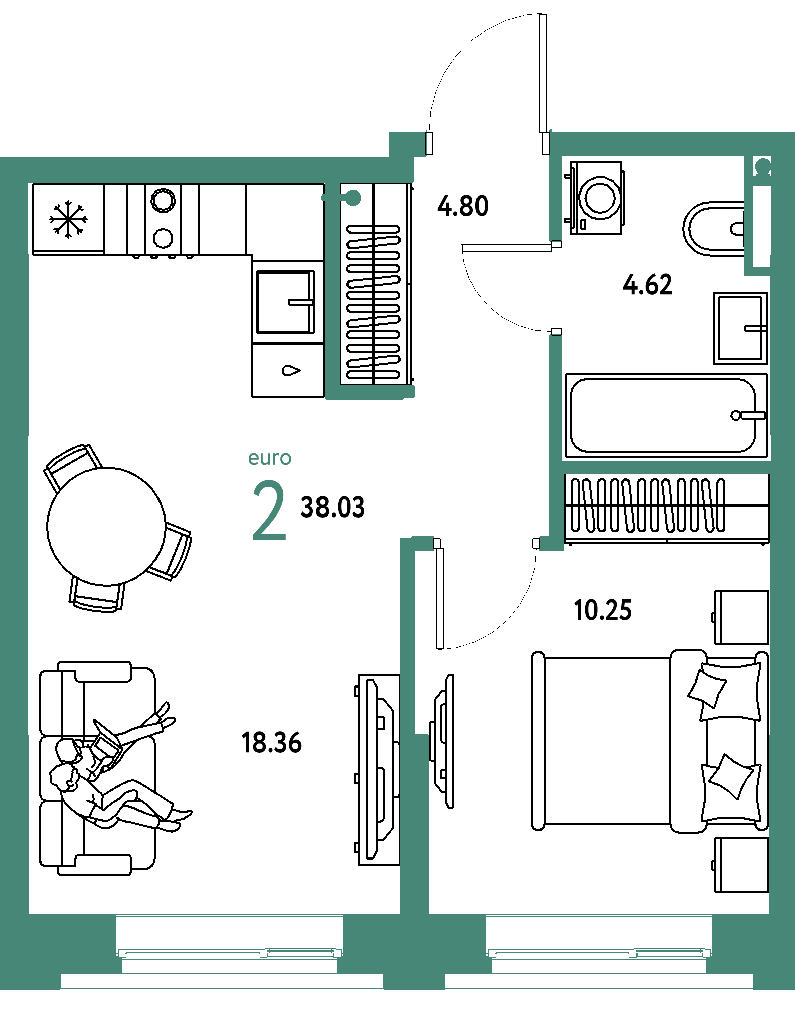 ЖК "Остров-сад"-2-комнатная 38.03 м²