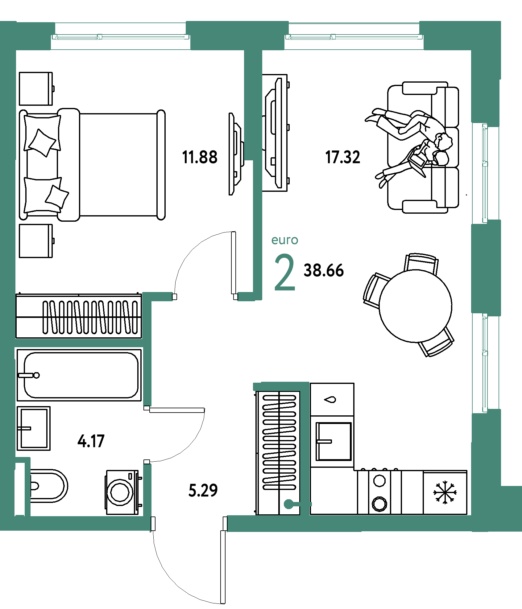 ЖК "Остров-сад"-2-комнатная 38.66 м²