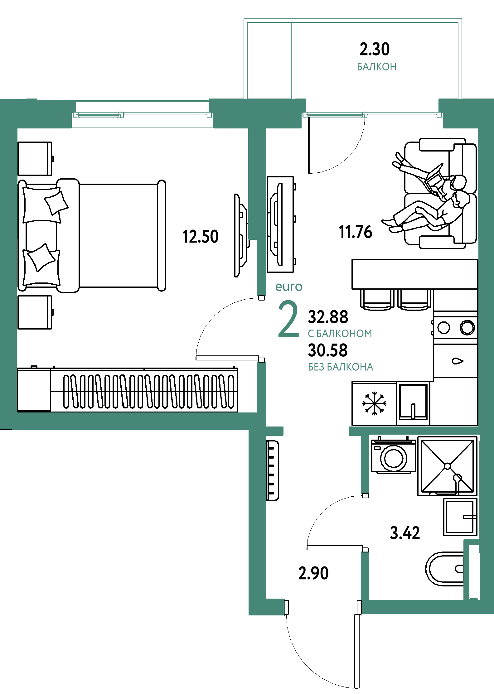 ЖК "Остров-сад"-2-комнатная 32.88 м²