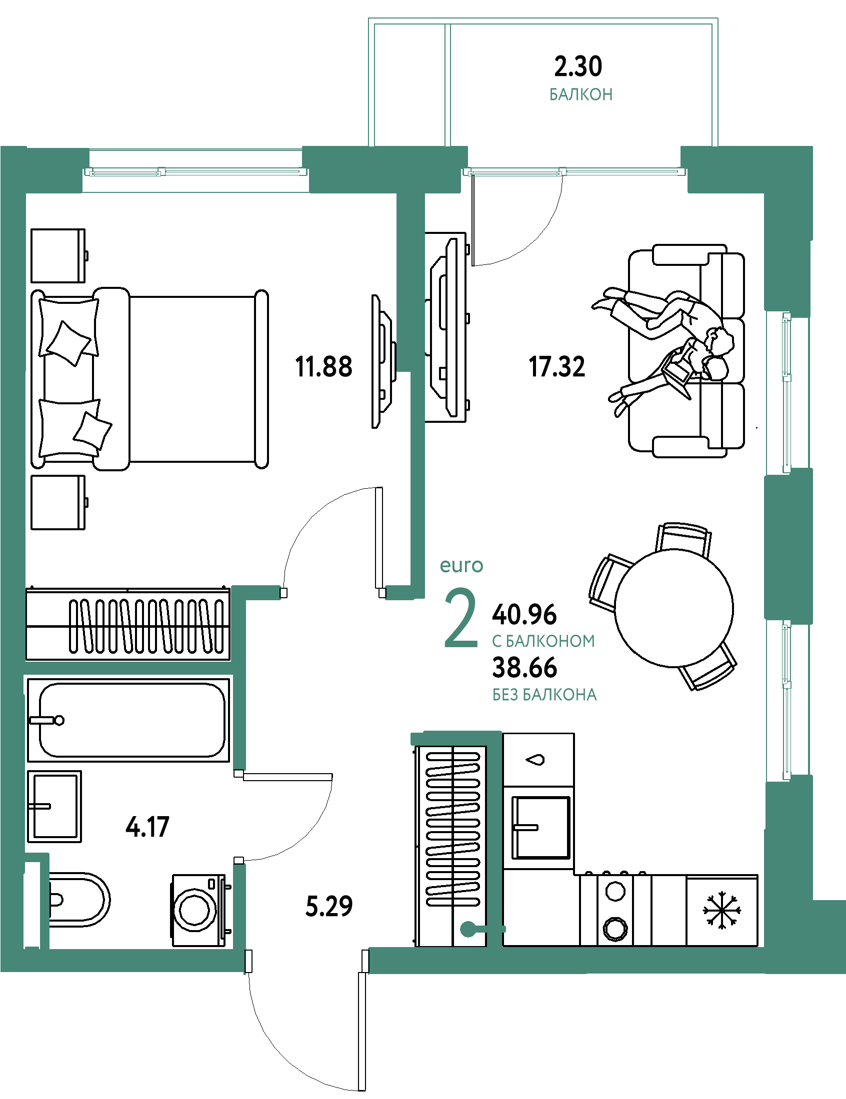 ЖК "Остров-сад"-2-комнатная 40.96 м²