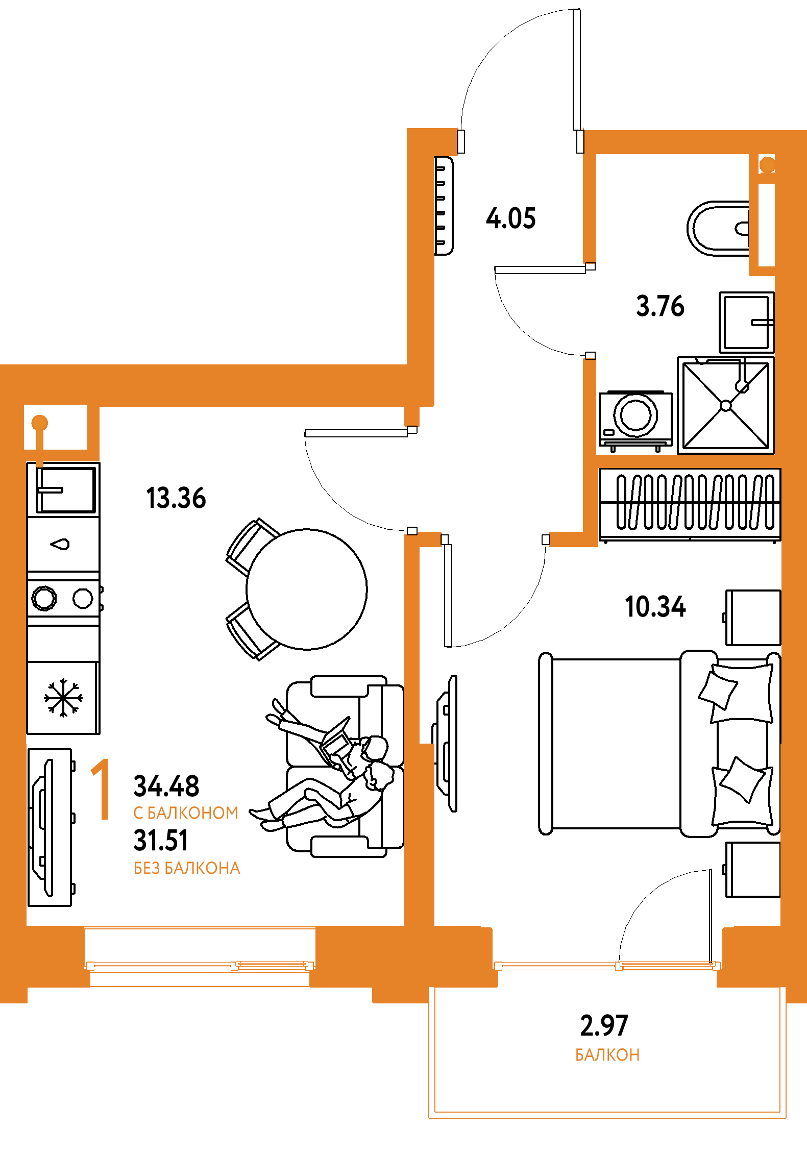 ЖК "Остров-сад"-1-комнатная 35.02 м²