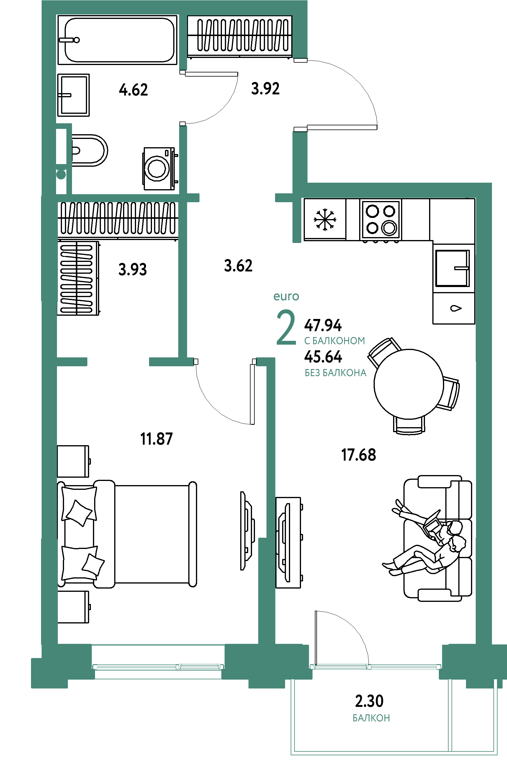 ЖК "Остров-сад"-2-комнатная 48.23 м²