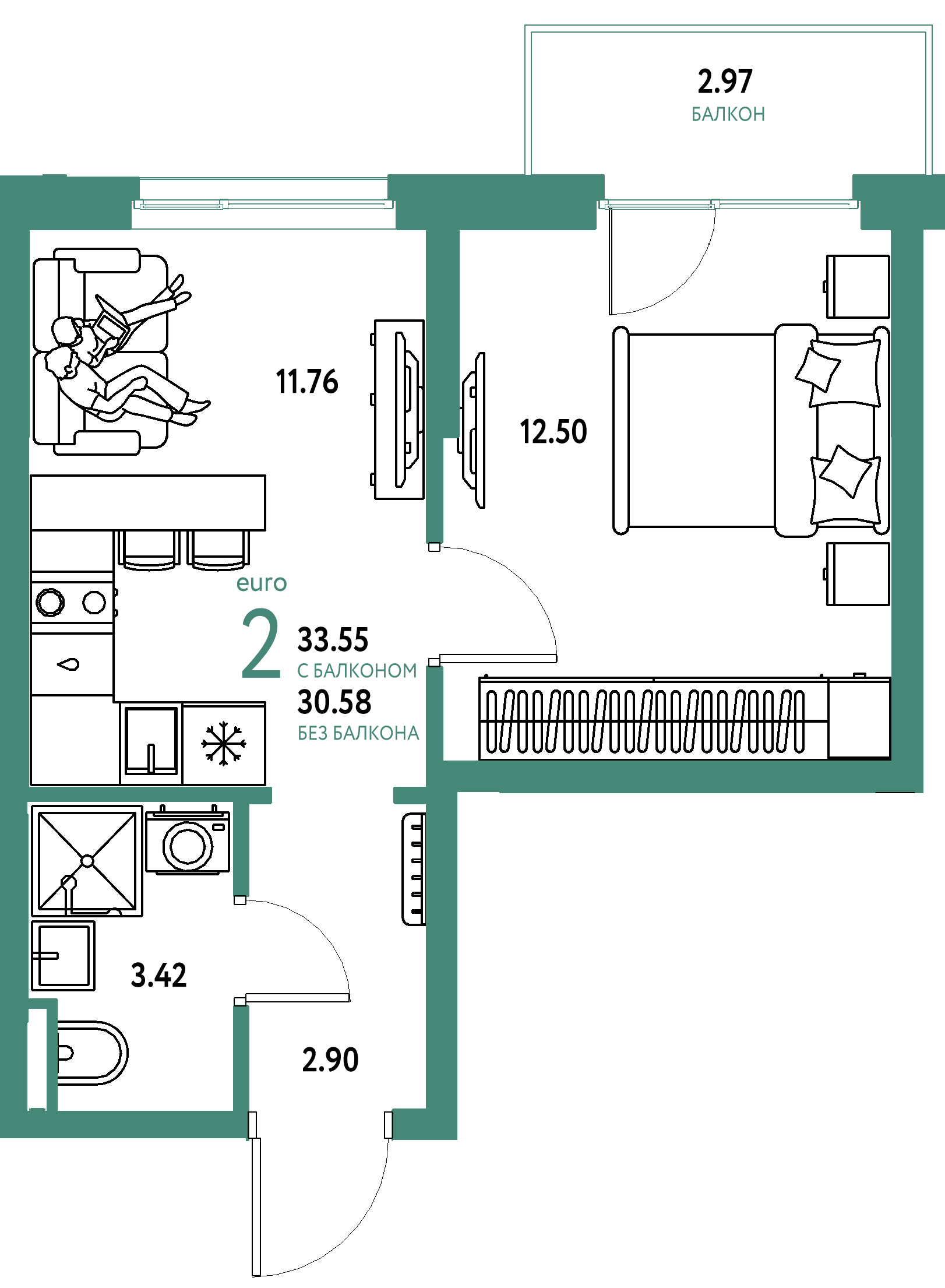 ЖК "Остров-сад"-2-комнатная 33.55 м²