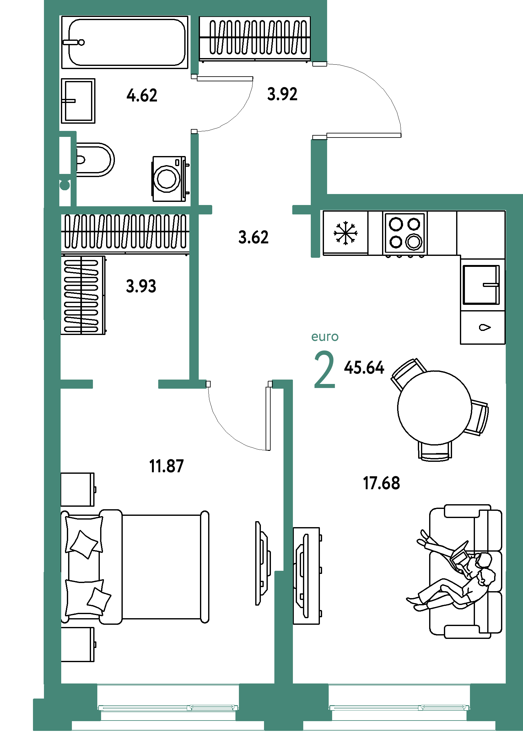 ЖК "Остров-сад"-2-комнатная 45.64 м²