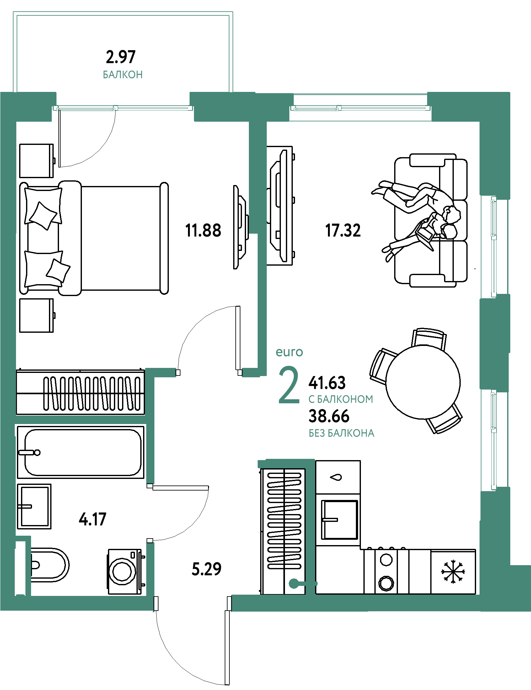 ЖК "Остров-сад"-2-комнатная 41.63 м²