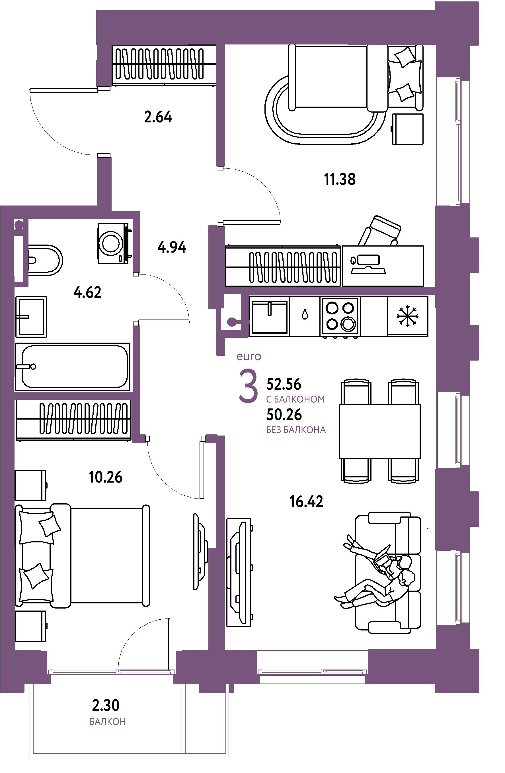 ЖК "Остров-сад"-3-комнатная 52.86 м²