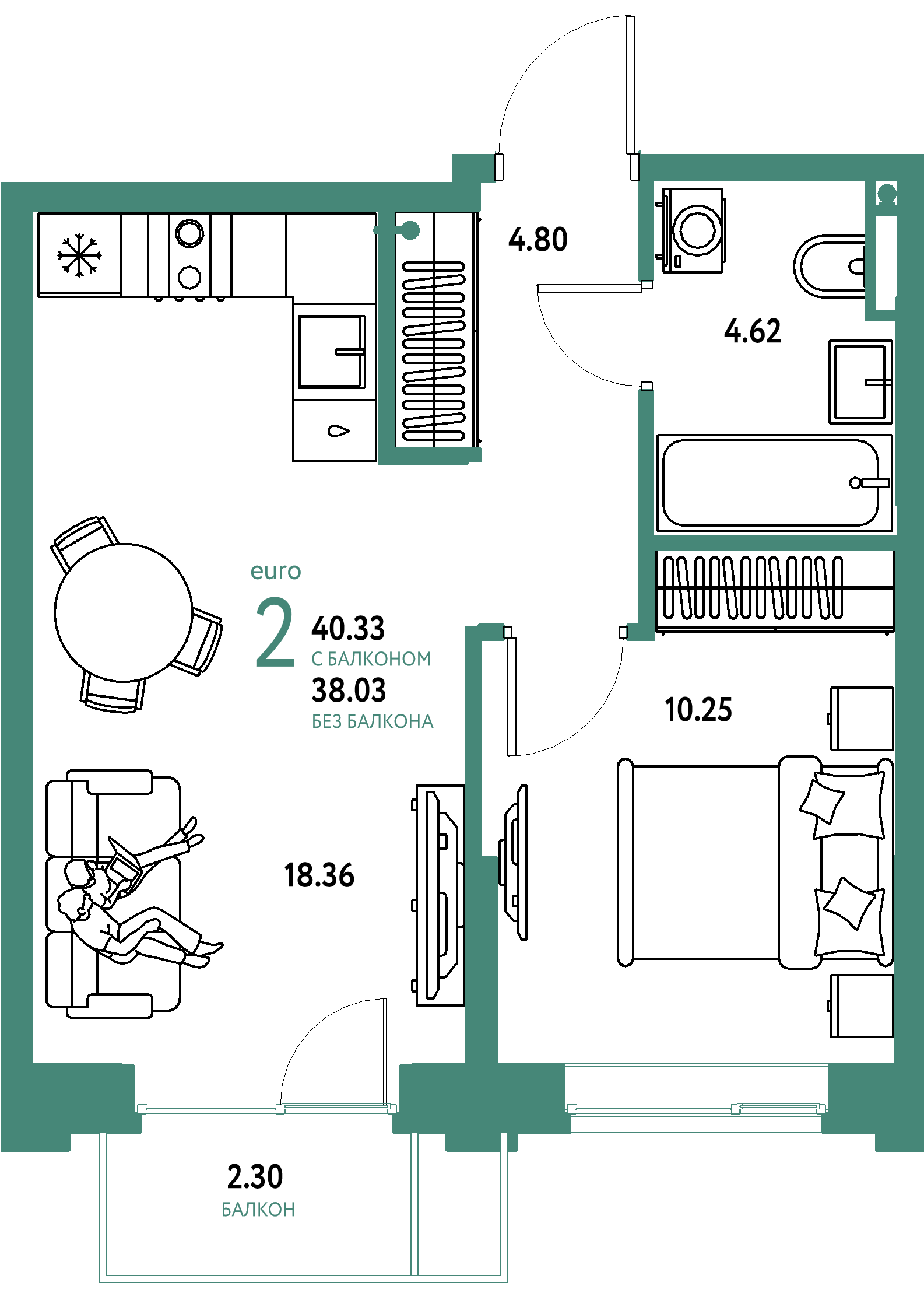 ЖК "Остров-сад"-2-комнатная 40.62 м²