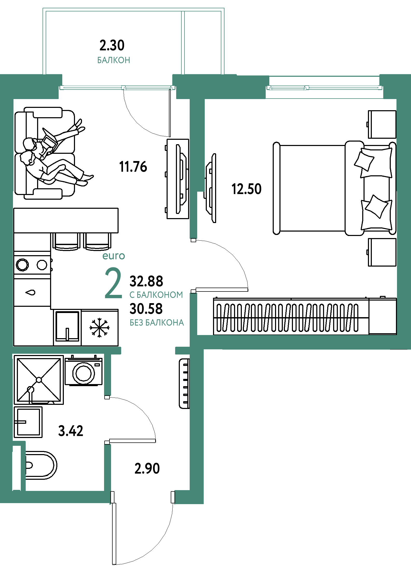 ЖК "Остров-сад"-2-комнатная 32.88 м²