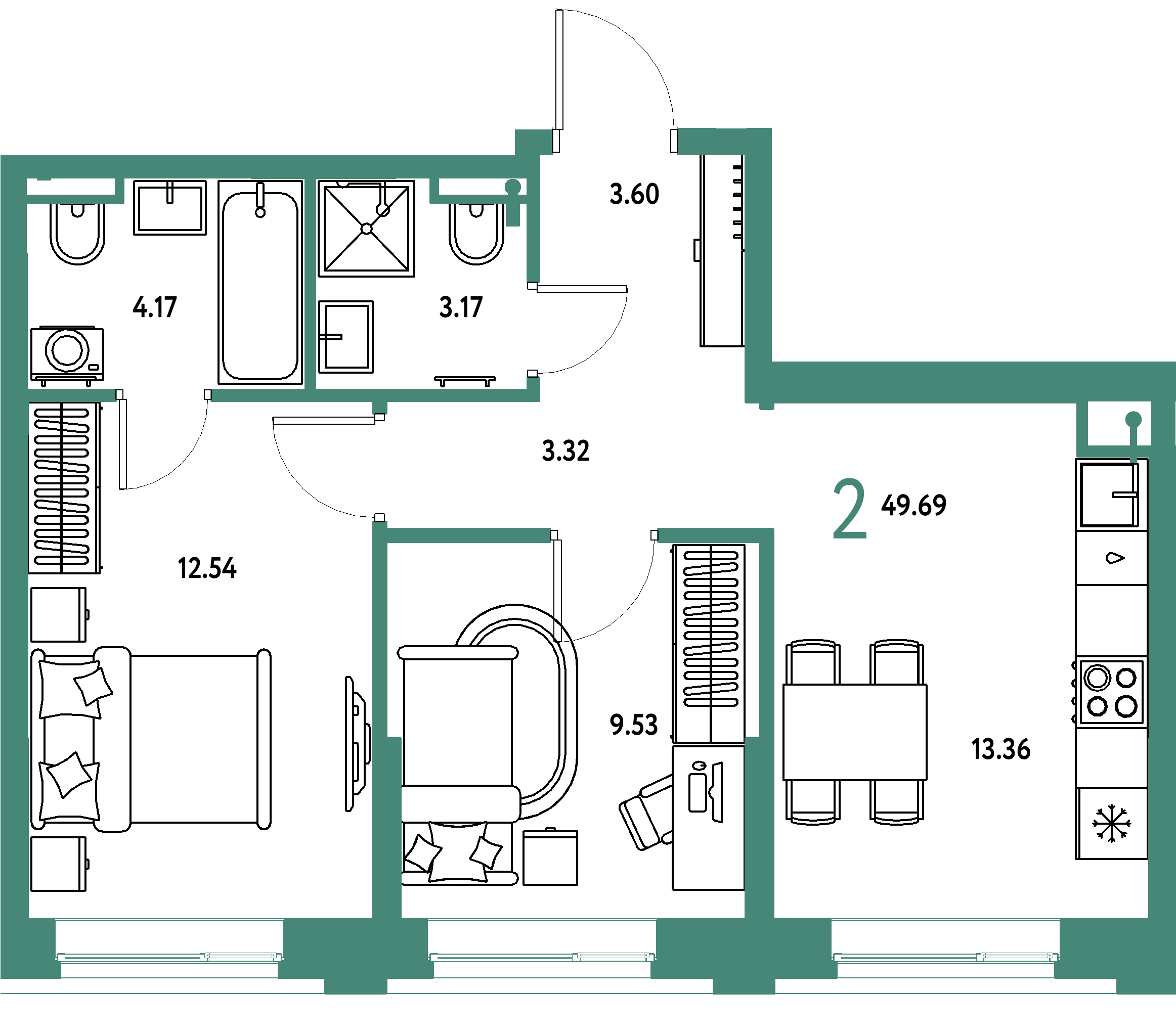 ЖК "Остров-сад"-2-комнатная 49.68 м²