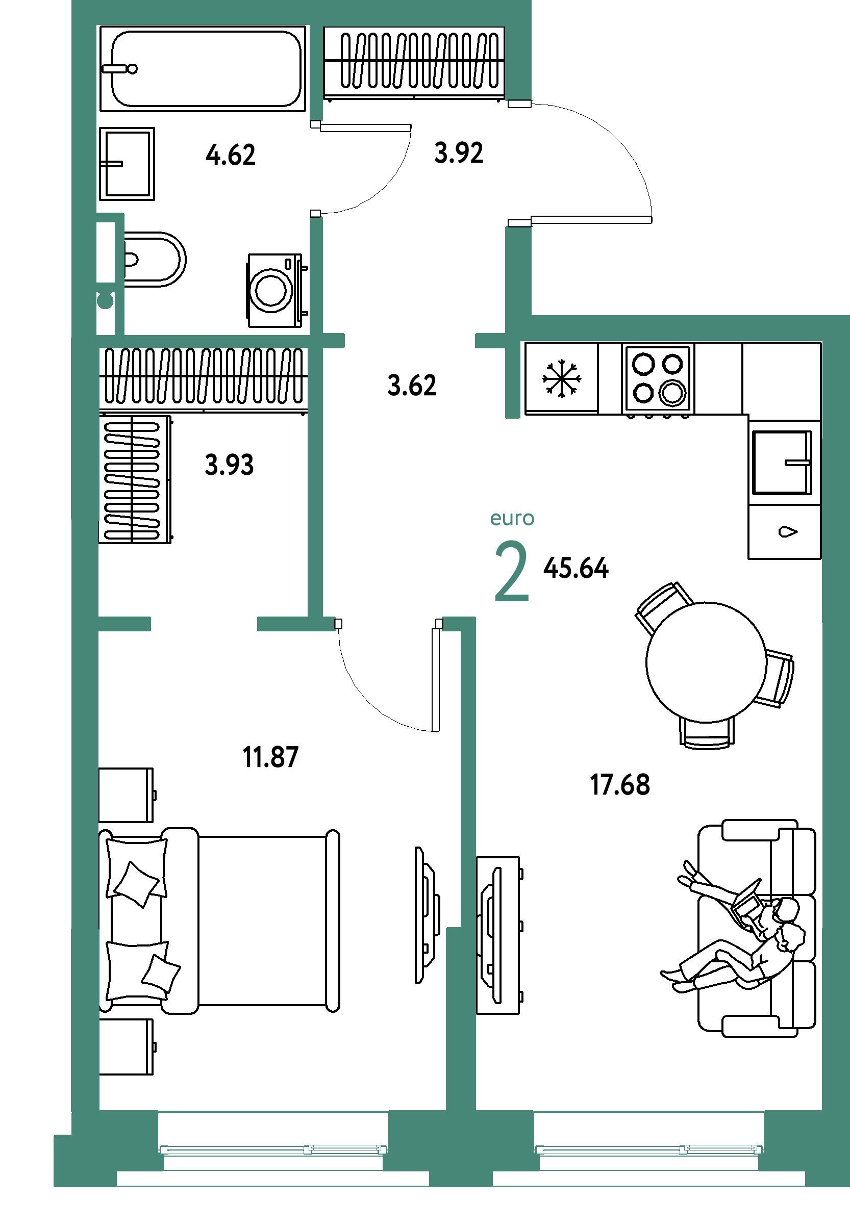 ЖК "Остров-сад"-2-комнатная 45.64 м²