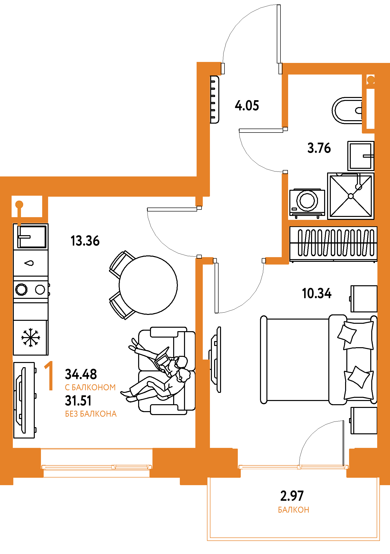 ЖК "Остров-сад"-1-комнатная 35.02 м²
