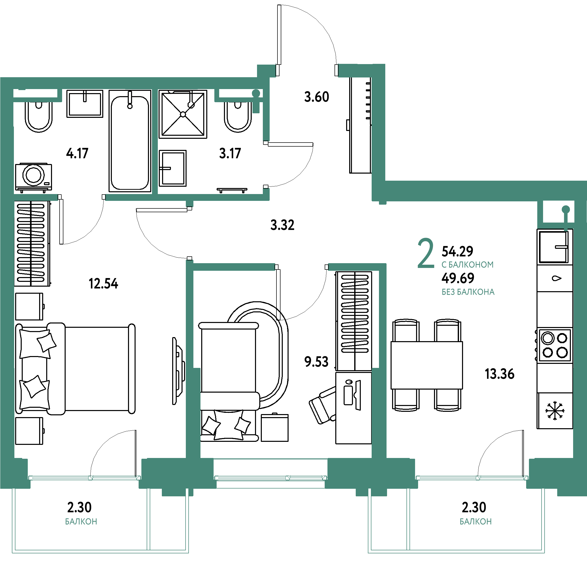 ЖК "Остров-сад"-2-комнатная 54.86 м²