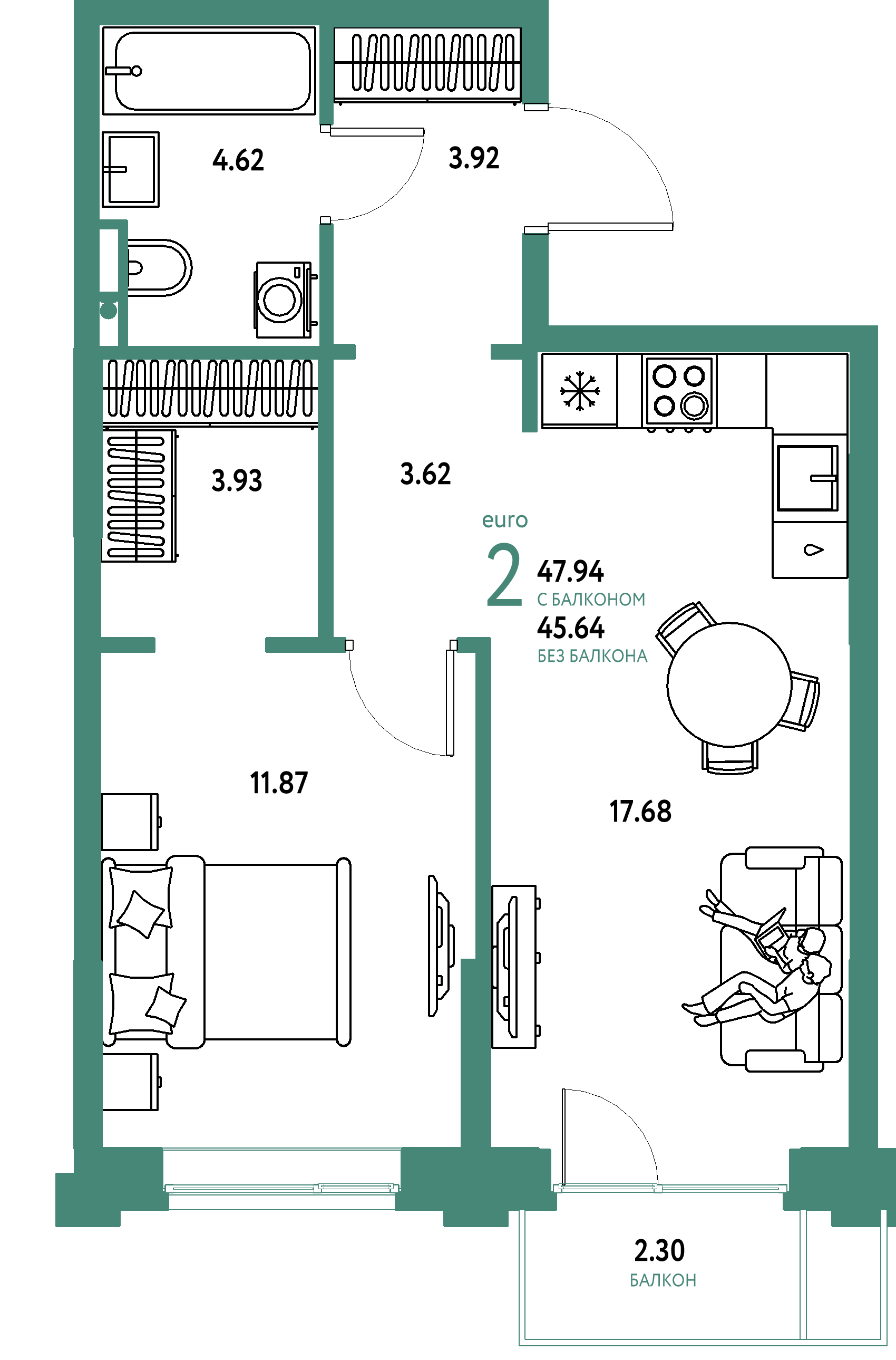 ЖК "Остров-сад"-2-комнатная 48.23 м²