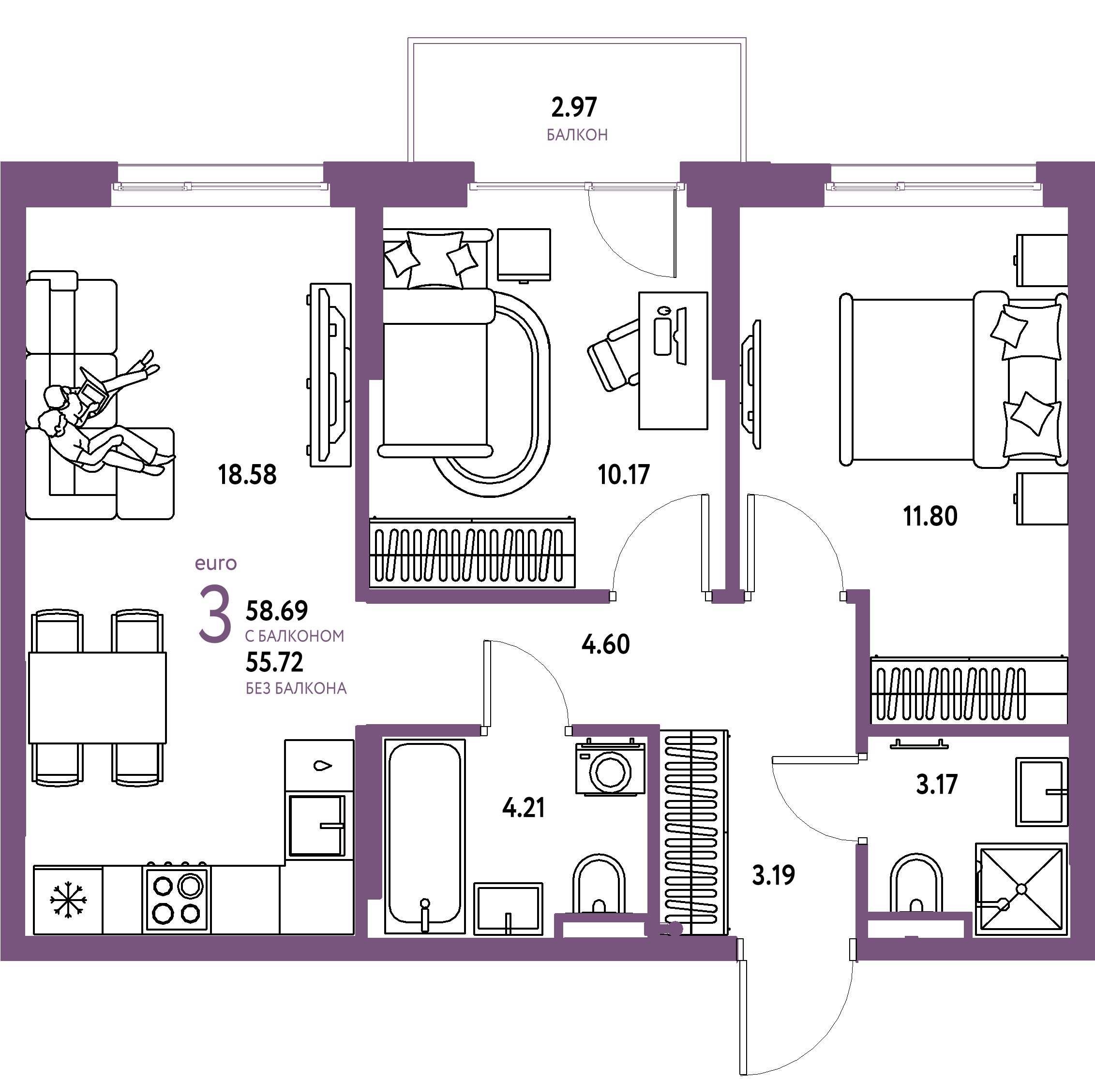 ЖК "Остров-сад"-3-комнатная 58.69 м²