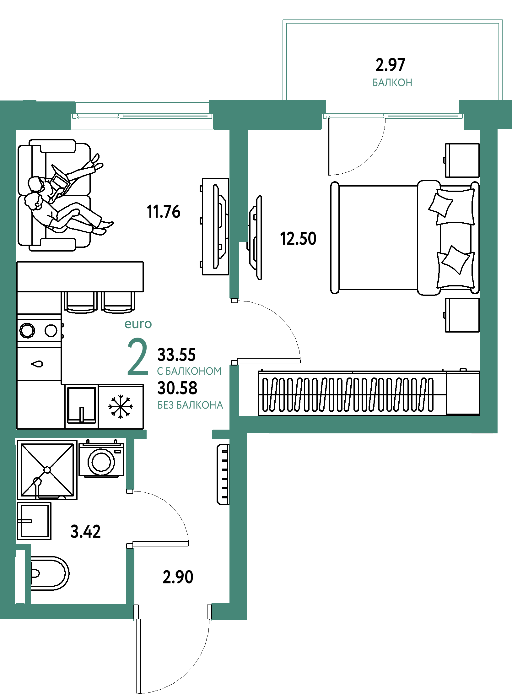 ЖК "Остров-сад"-2-комнатная 33.55 м²