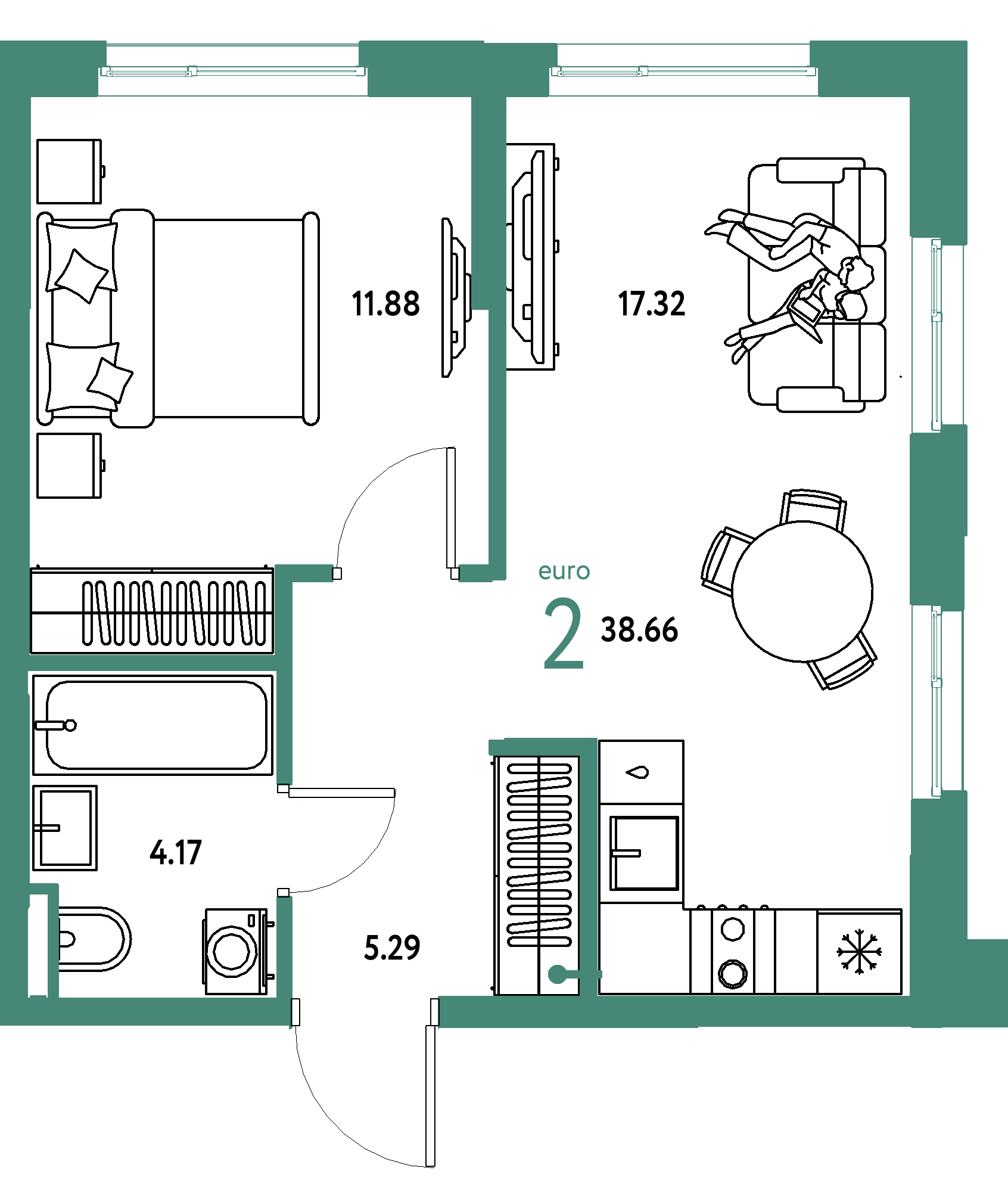 ЖК "Остров-сад"-2-комнатная 38.66 м²