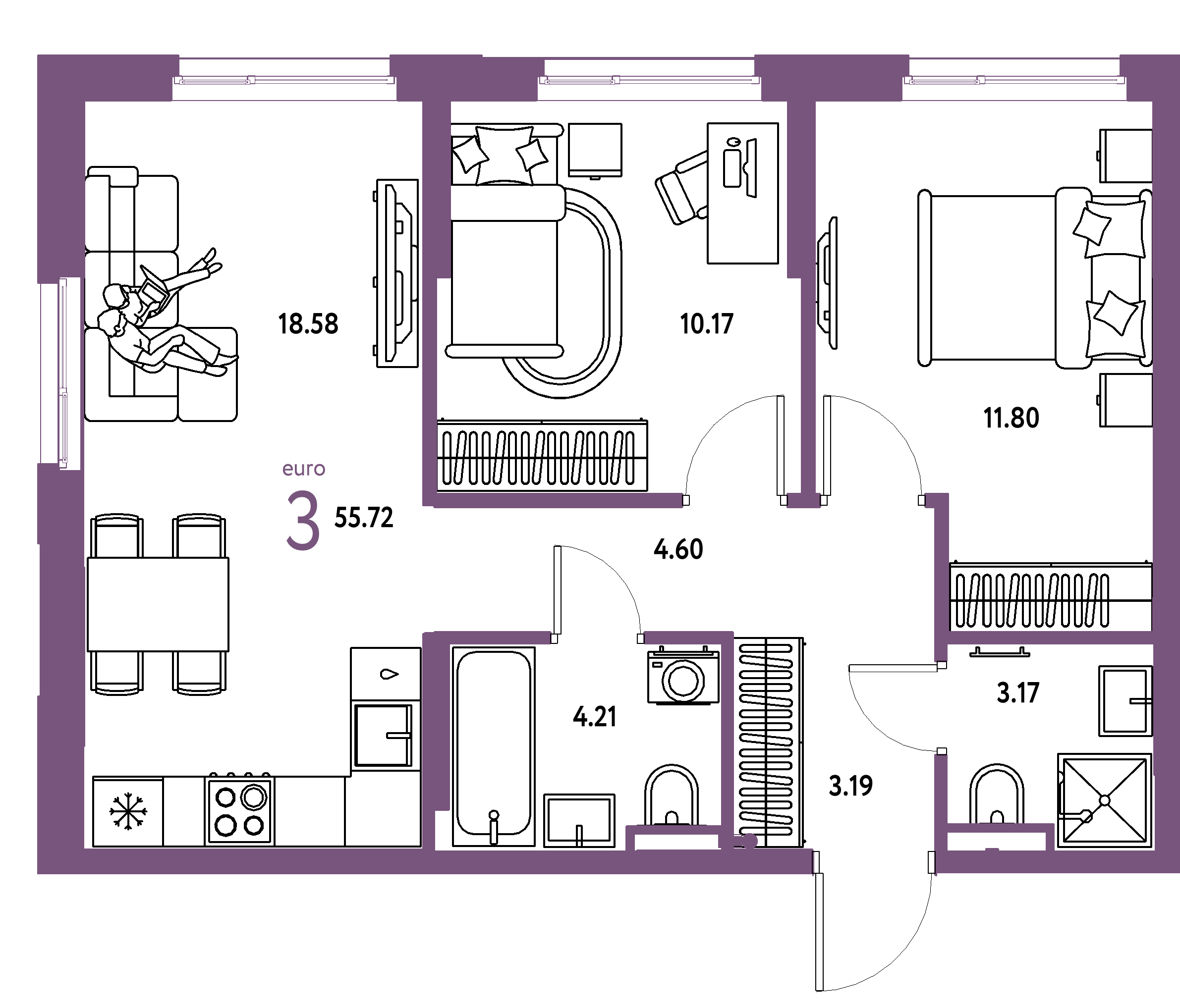 ЖК "Остров-сад"-3-комнатная 55.72 м²
