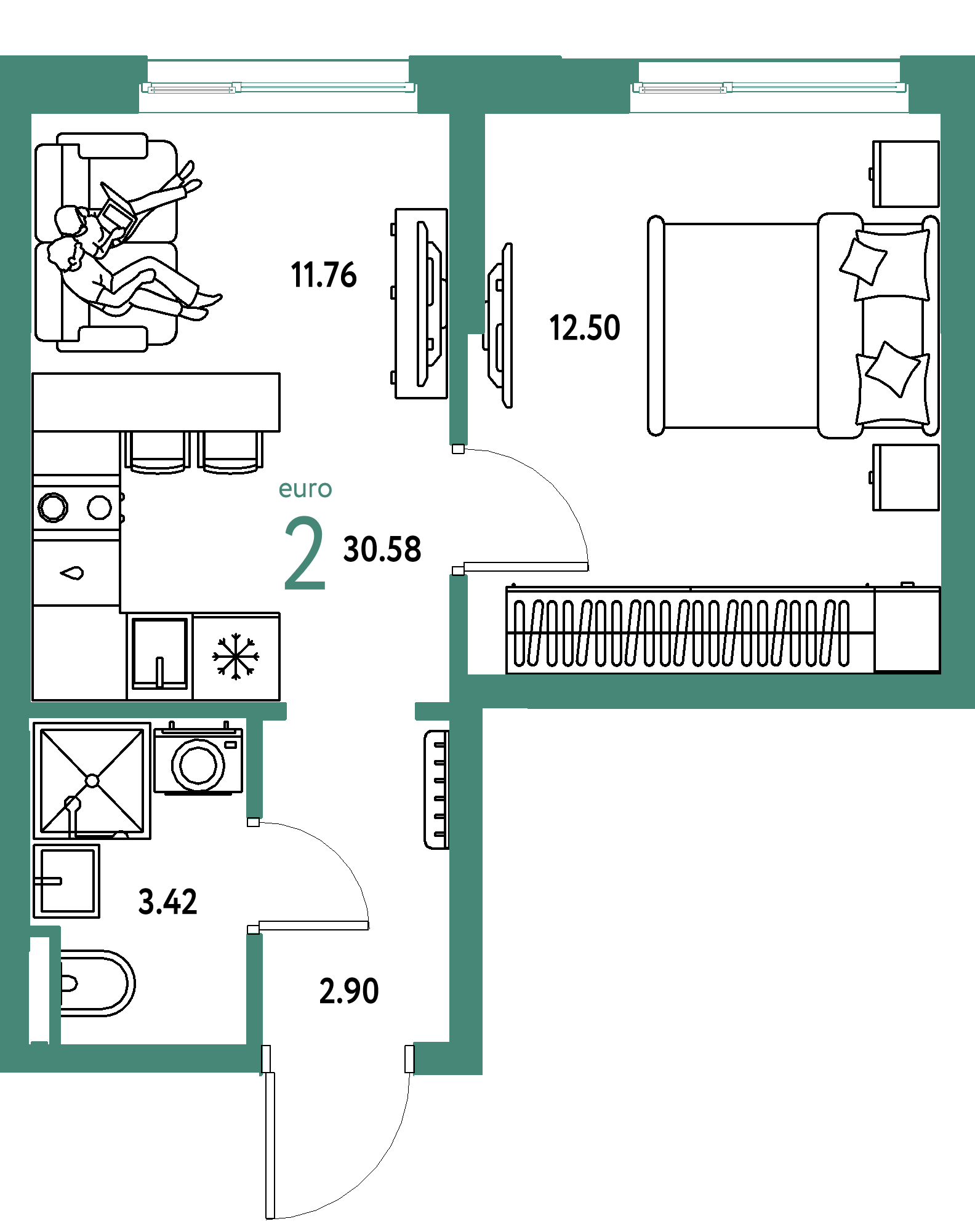 ЖК "Остров-сад"-2-комнатная 30.58 м²
