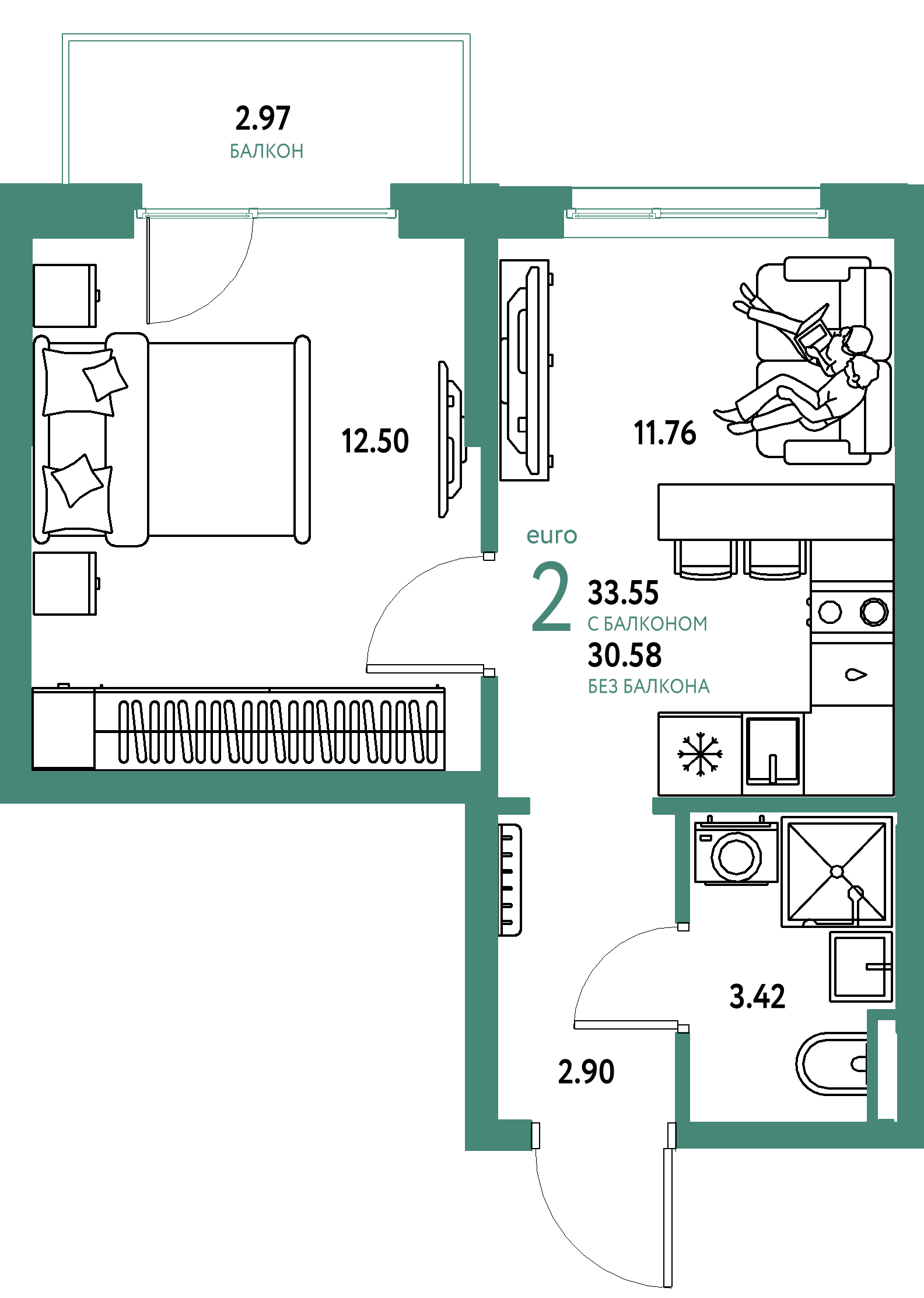 ЖК "Остров-сад"-2-комнатная 33.55 м²