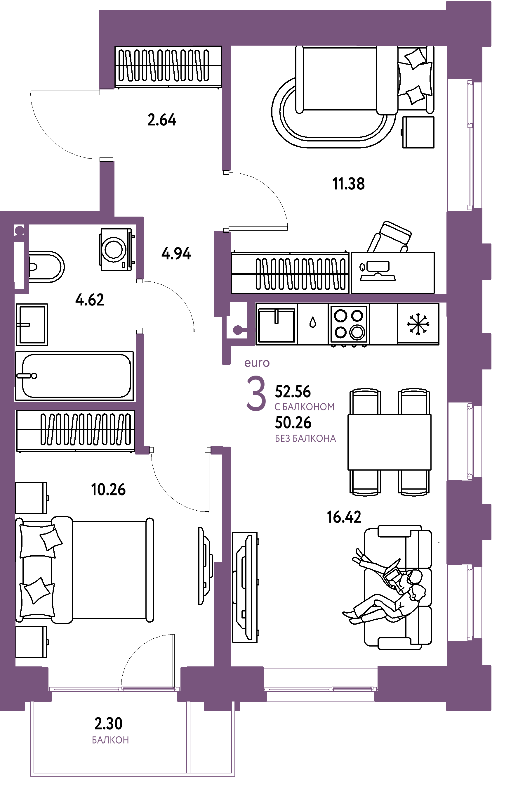 ЖК "Остров-сад"-3-комнатная 52.86 м²