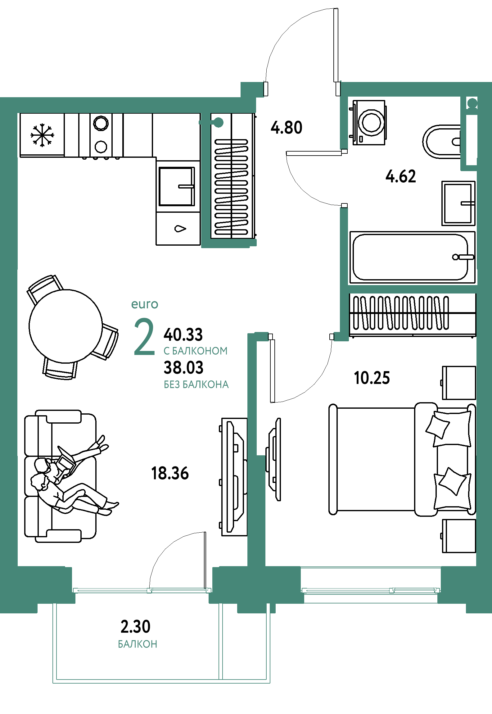 ЖК "Остров-сад"-2-комнатная 40.62 м²
