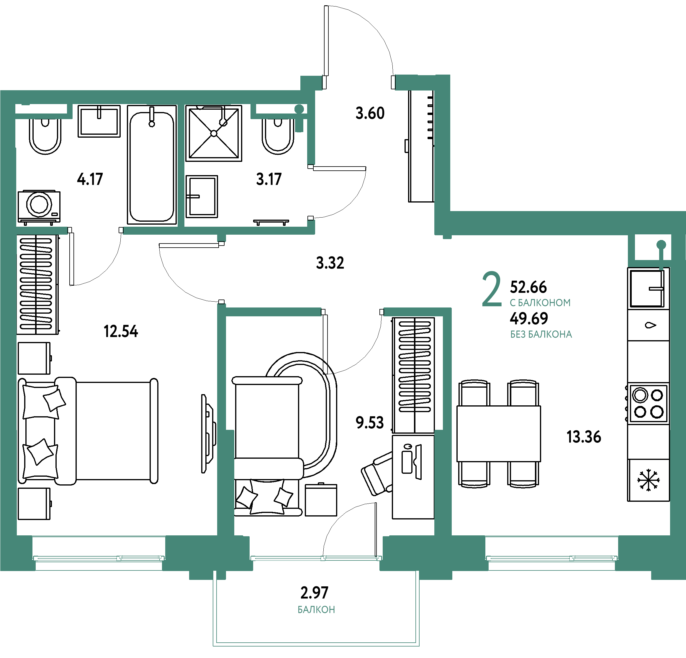 ЖК "Остров-сад"-2-комнатная 53.01 м²