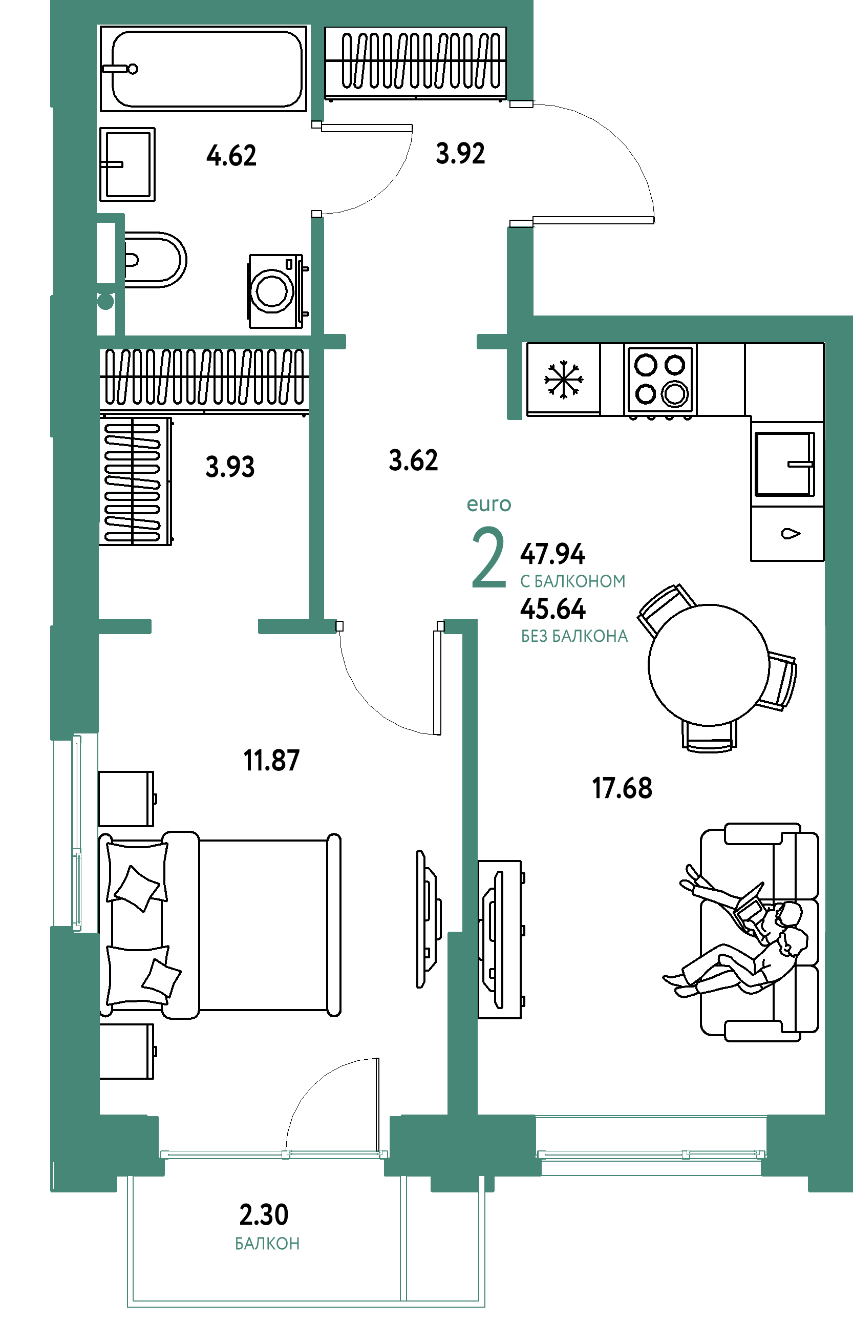ЖК "Остров-сад"-2-комнатная 48.23 м²