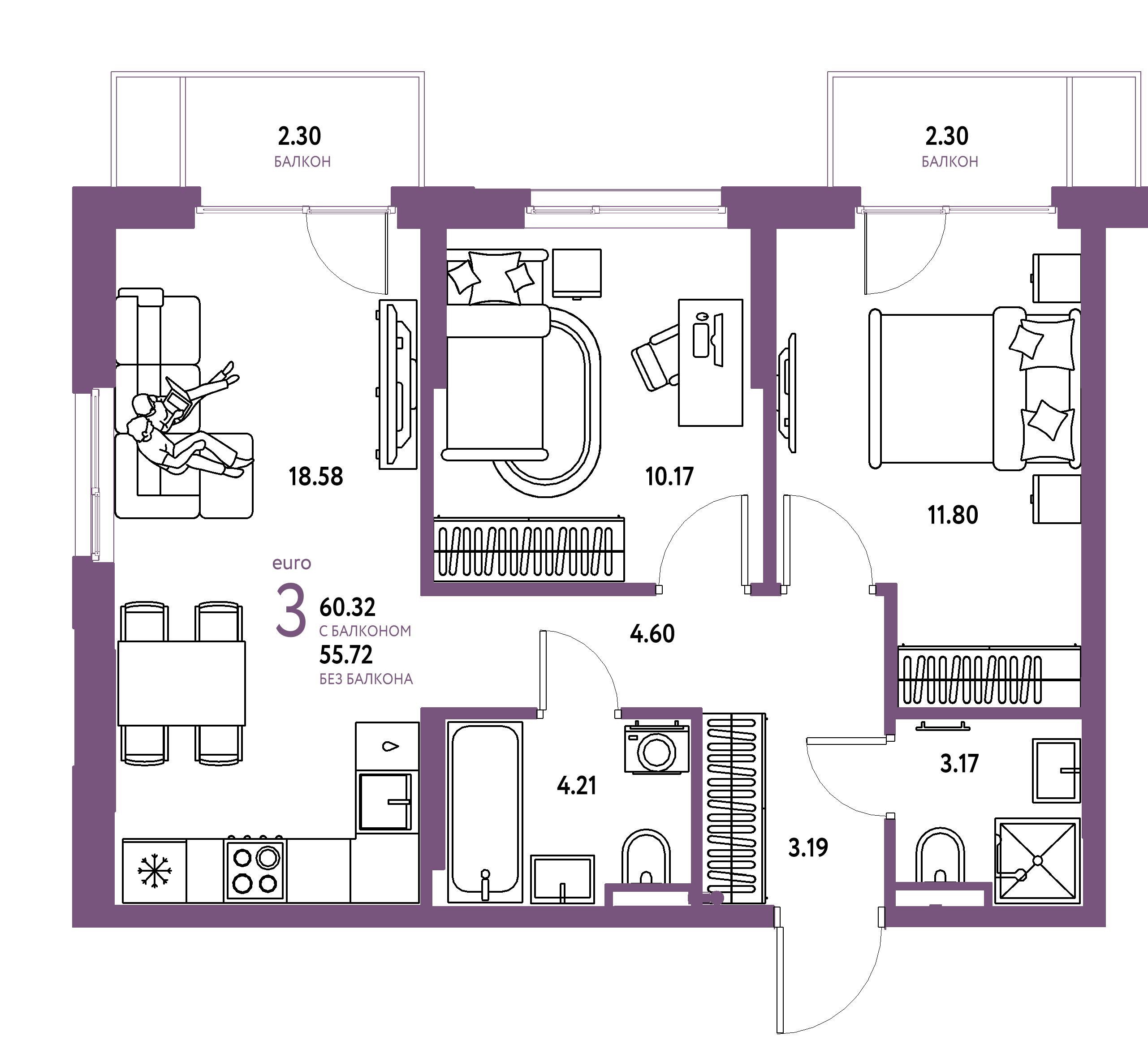 ЖК "Остров-сад"-3-комнатная 60.32 м²