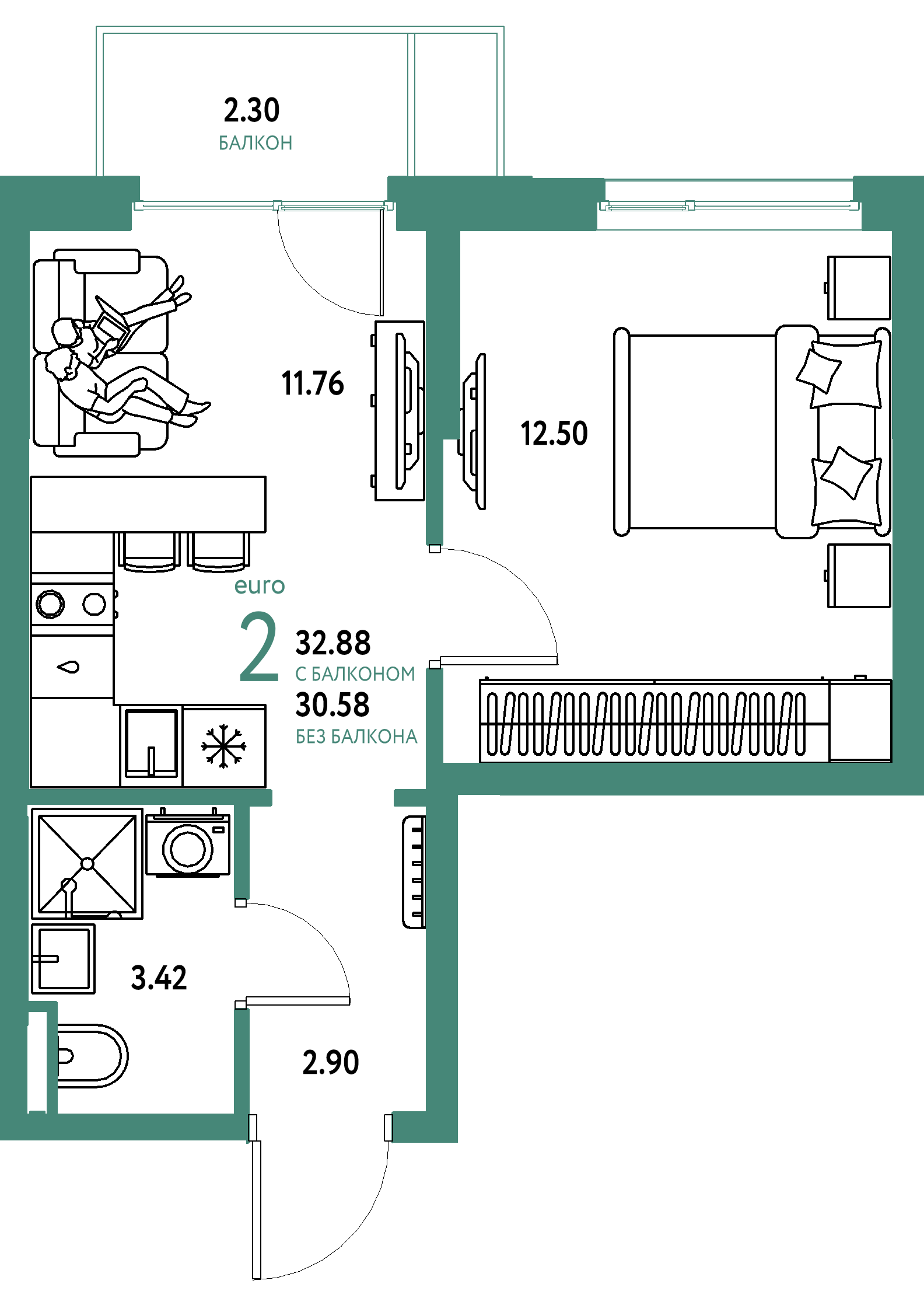 ЖК "Остров-сад"-2-комнатная 32.88 м²